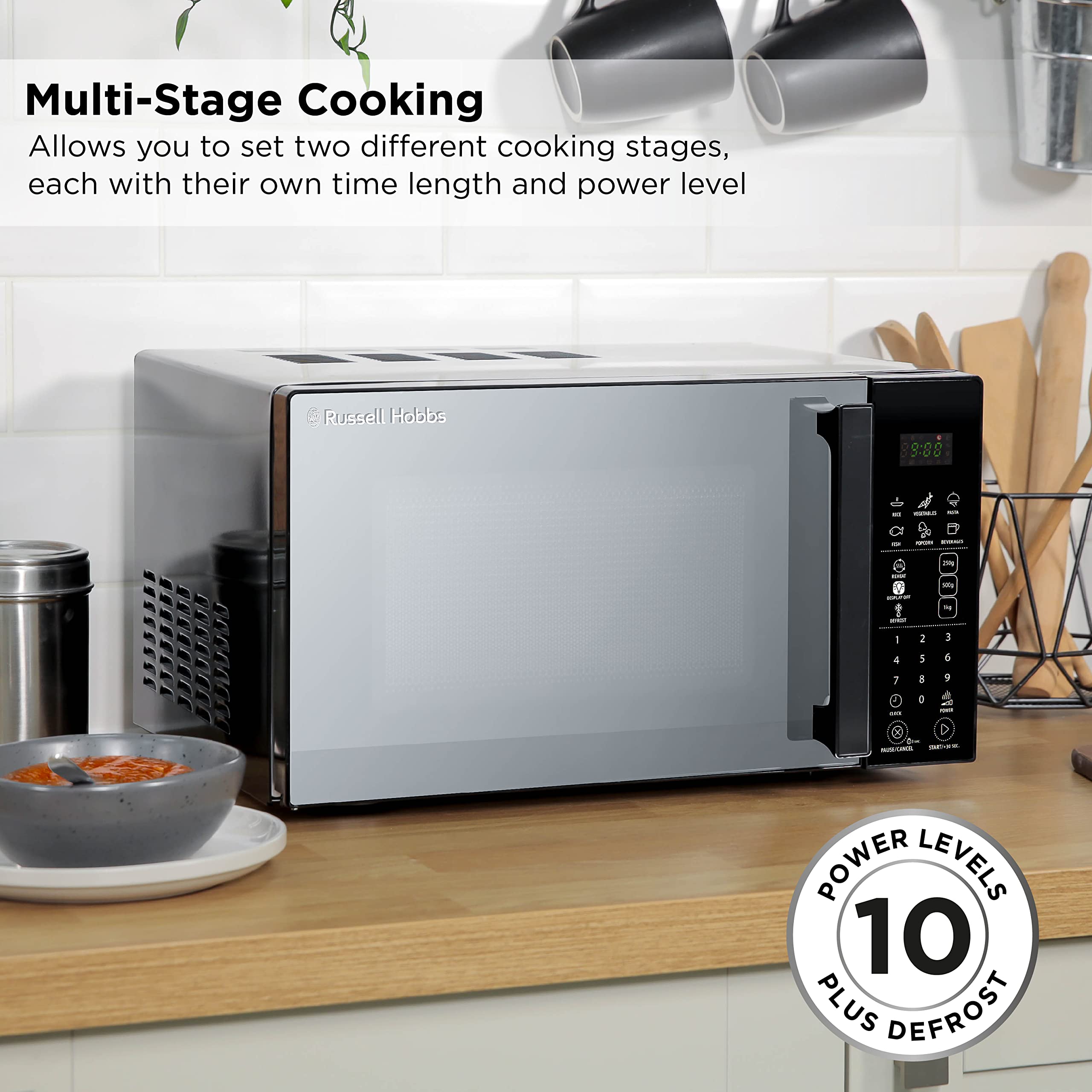 Russell Hobbs RHMT2004B 20L 800W Black Touch Control Digital Microwave Oven - 10 Power Levels, 6 Auto Cook Menus, Defrost Function, Clock & Timer - Perfect for Small Kitchens, Dorms & Offices