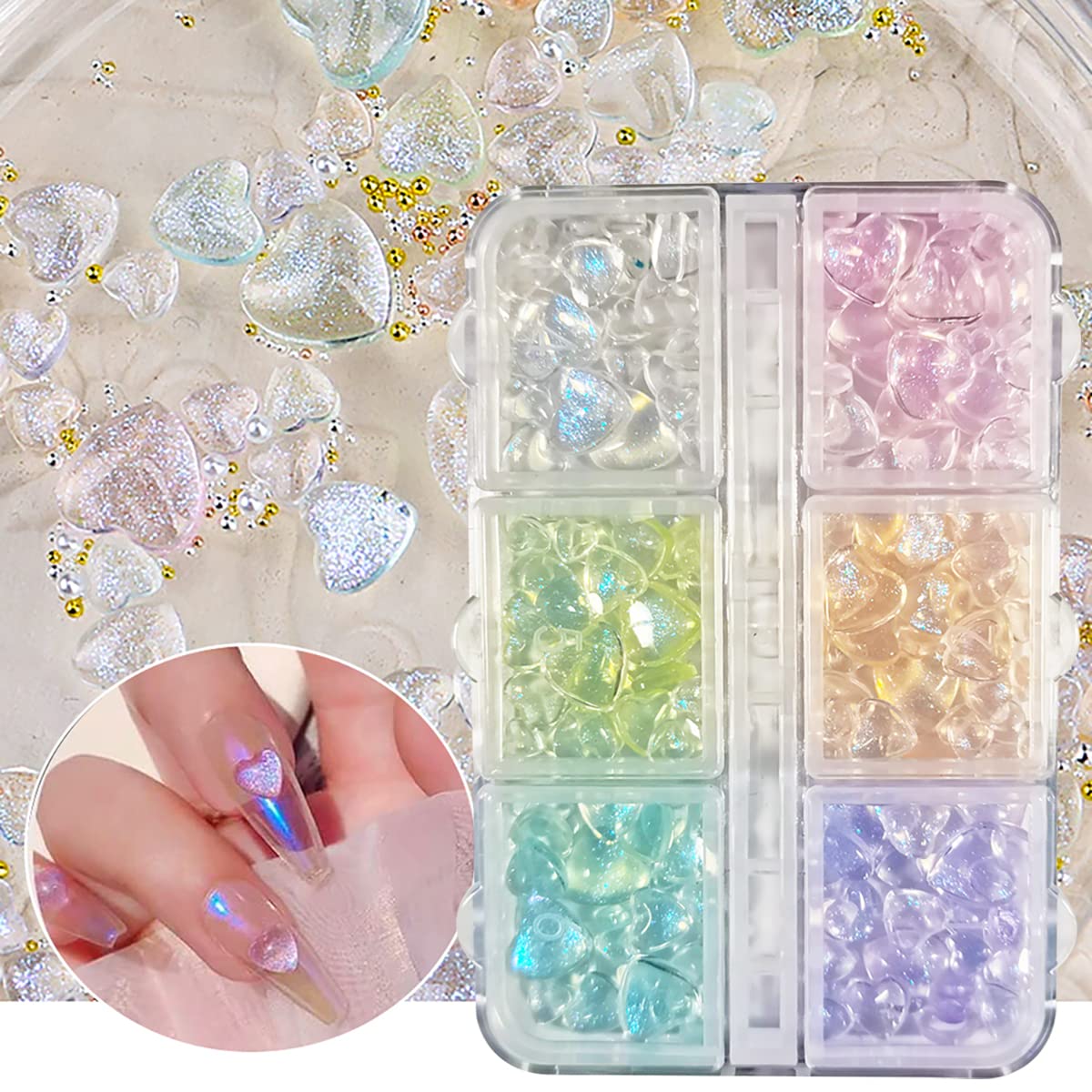 3D Aurora Heart Nail Charms - 200 Pcs Shiny Heart Nail Art Gems in 6 Colors, Crystal Glitter Valentine’s Day Nail Decorations, Acrylic Nail Rhinestones for DIY & Salon Use - Perfect for Valentine’s Gifts, Bridal Nails, and Party Nail Art