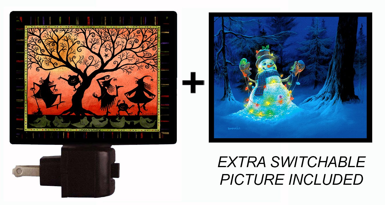 Moondance & Snowman LED Night Light - Halloween & Christmas Decor, Nursery Night Light with Extra Picture - Perfect for Kids' Rooms, Holiday Decorations & Cozy Bedtime Ambiance