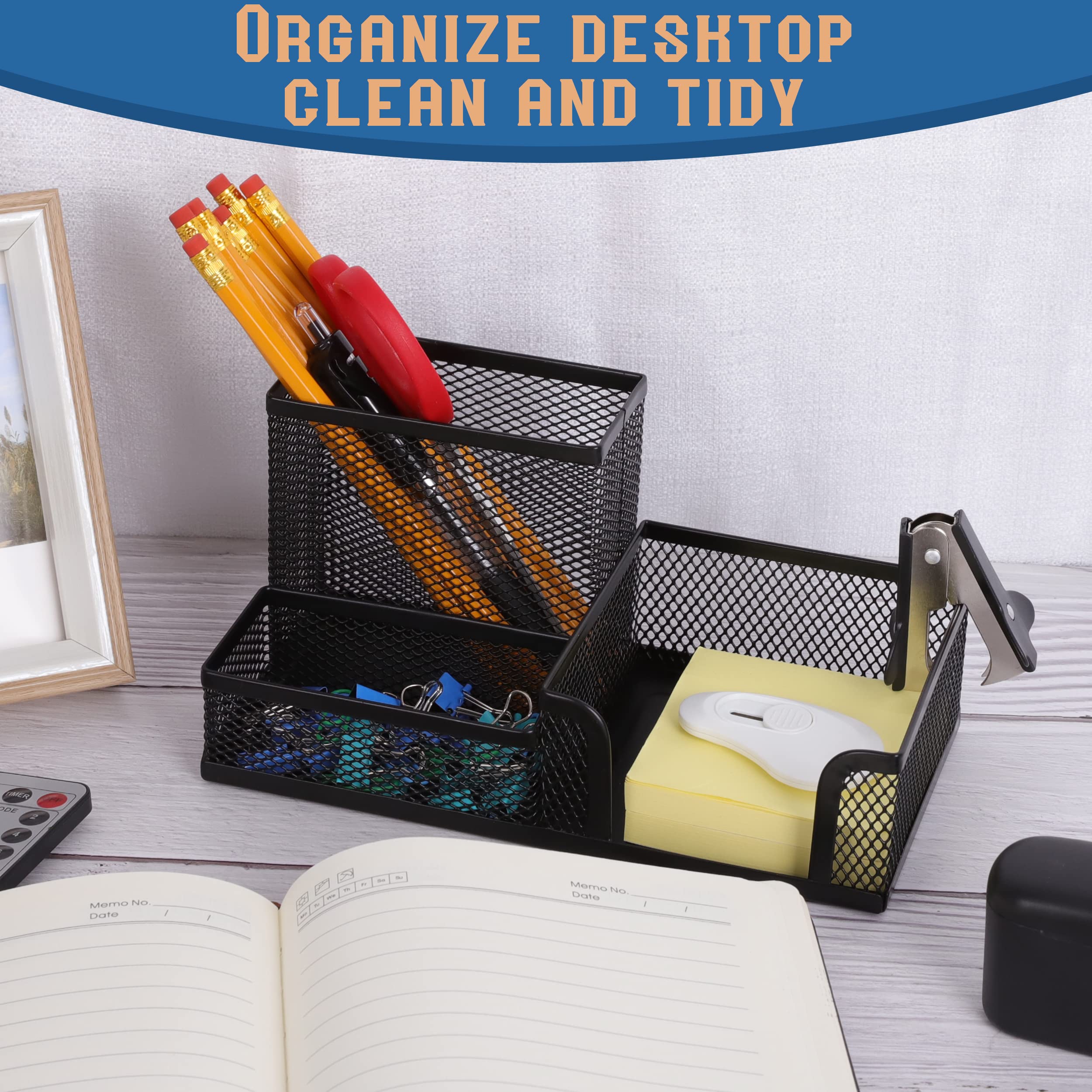 Ludato Mesh Desk Organizer - 3 Compartment Black Pen Holder for Office Supplies | Perfect for Home Office, School & Workspace Organization
