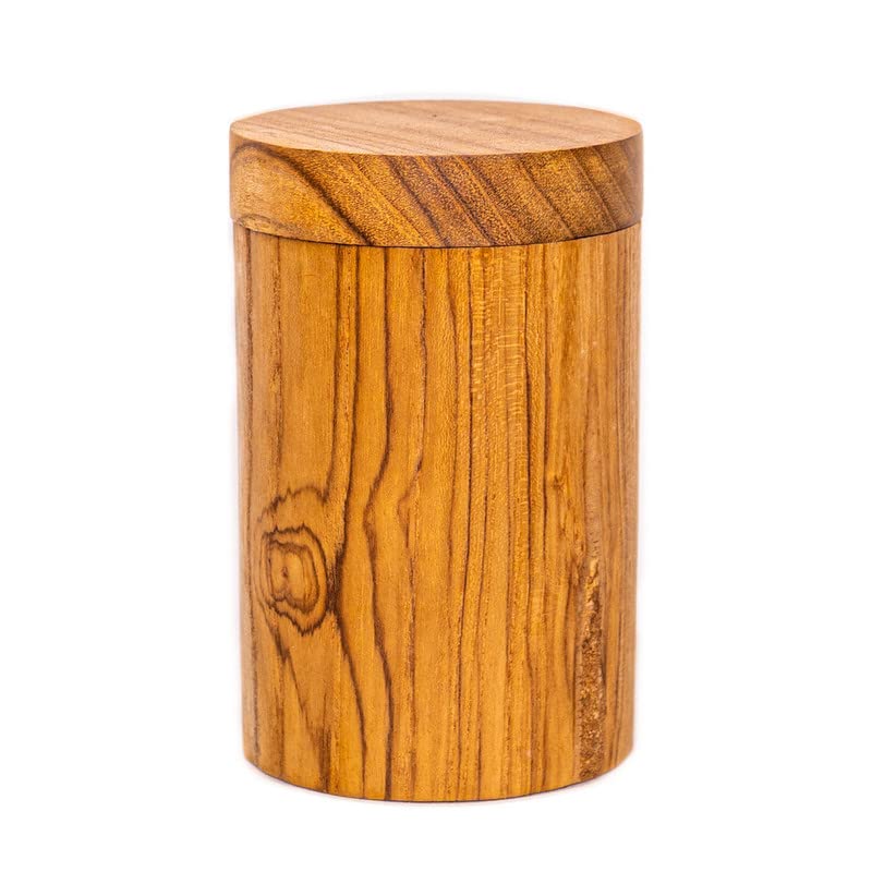 Premium Set of 4 Large Round Javanese Teak Wood Spice Jars with Lid - Handcrafted by Indonesian Artisans for Storing Salt, Herbs & Spices - Ultra Durable & Airtight - Perfect for Kitchen, Pantry, or Restaurant Use