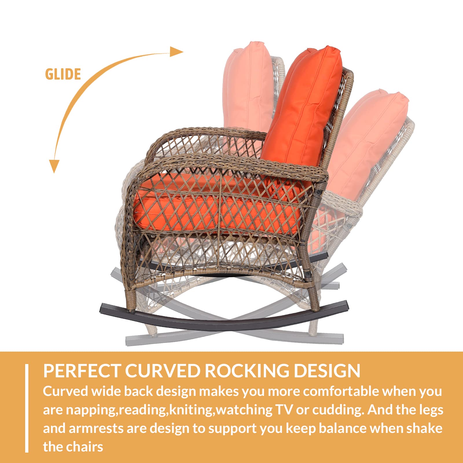 Premium All-Weather Outdoor Wicker Rocking Chair Set of 2 - Thickened Cushions, Durable Rattan Patio Rocker for Porch, Garden & Backyard (Orange) - Perfect for Relaxing, Sunbathing & Outdoor Entertaining