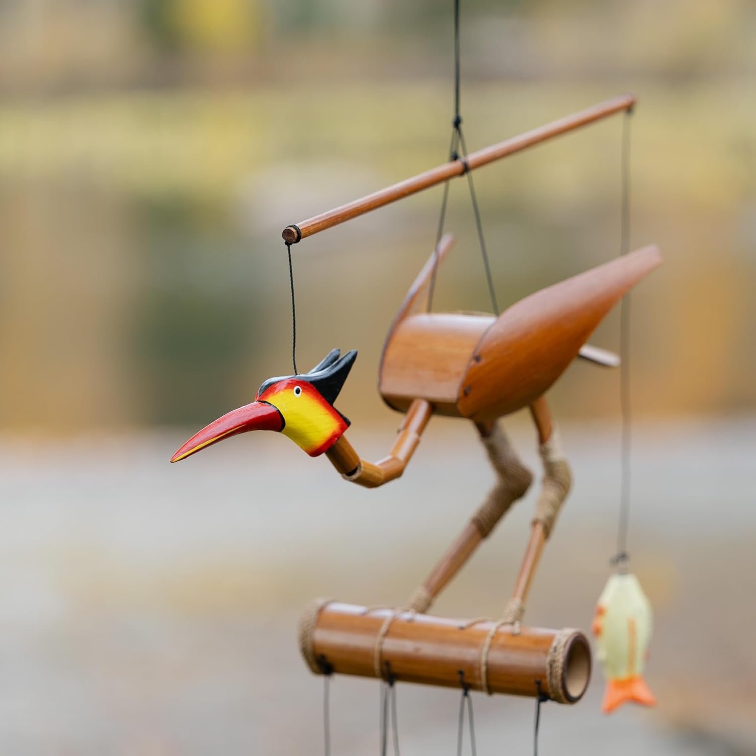 Natural Wood Finish Cohasset Rodney Bobbing Head Bird Bamboo Wind Chime - Handcrafted Outdoor Garden Decor for Patio, Porch, and Backyard Relaxation