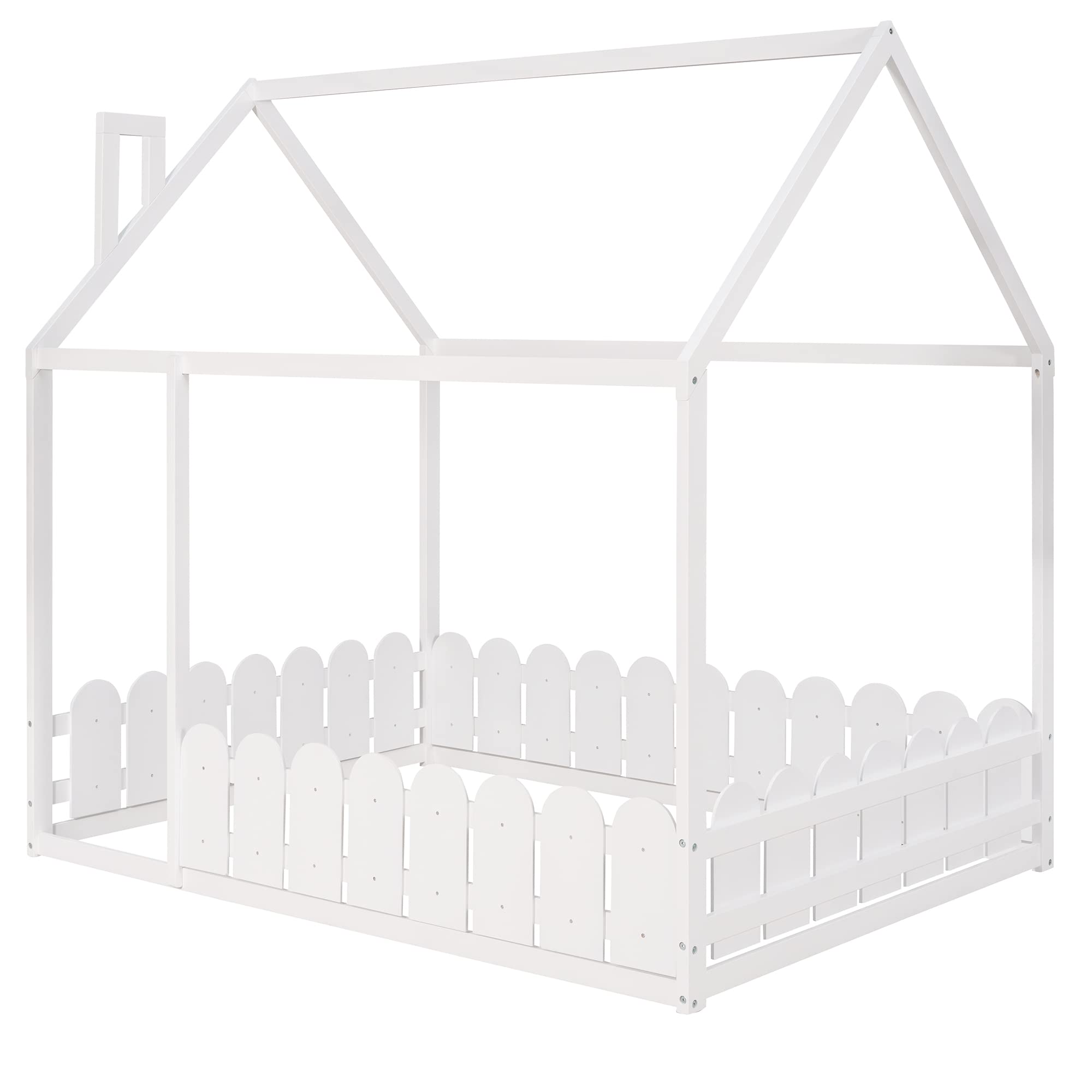 P PURLOVE Full Size House Bed Frame - Twin Montessori Floor Bed for Kids & Teens | Playhouse Bed with Fence & Roof | Safe & Fun Sleeping Space for Boys & Girls | Perfect for Bedrooms, Playrooms & Montessori Learning Environments (White)