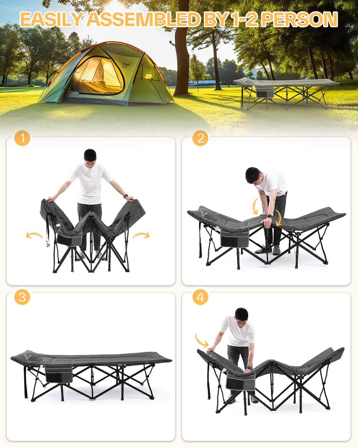 Sportneer Extra Wide Heavy Duty Folding Camping Cot for Adults - Padded Cushion with Headrest, Portable Sleeping Bed for Camping, Tent, Office & Travel - Durable Foldable Cot for Outdoor Adventures & Guest Accommodation