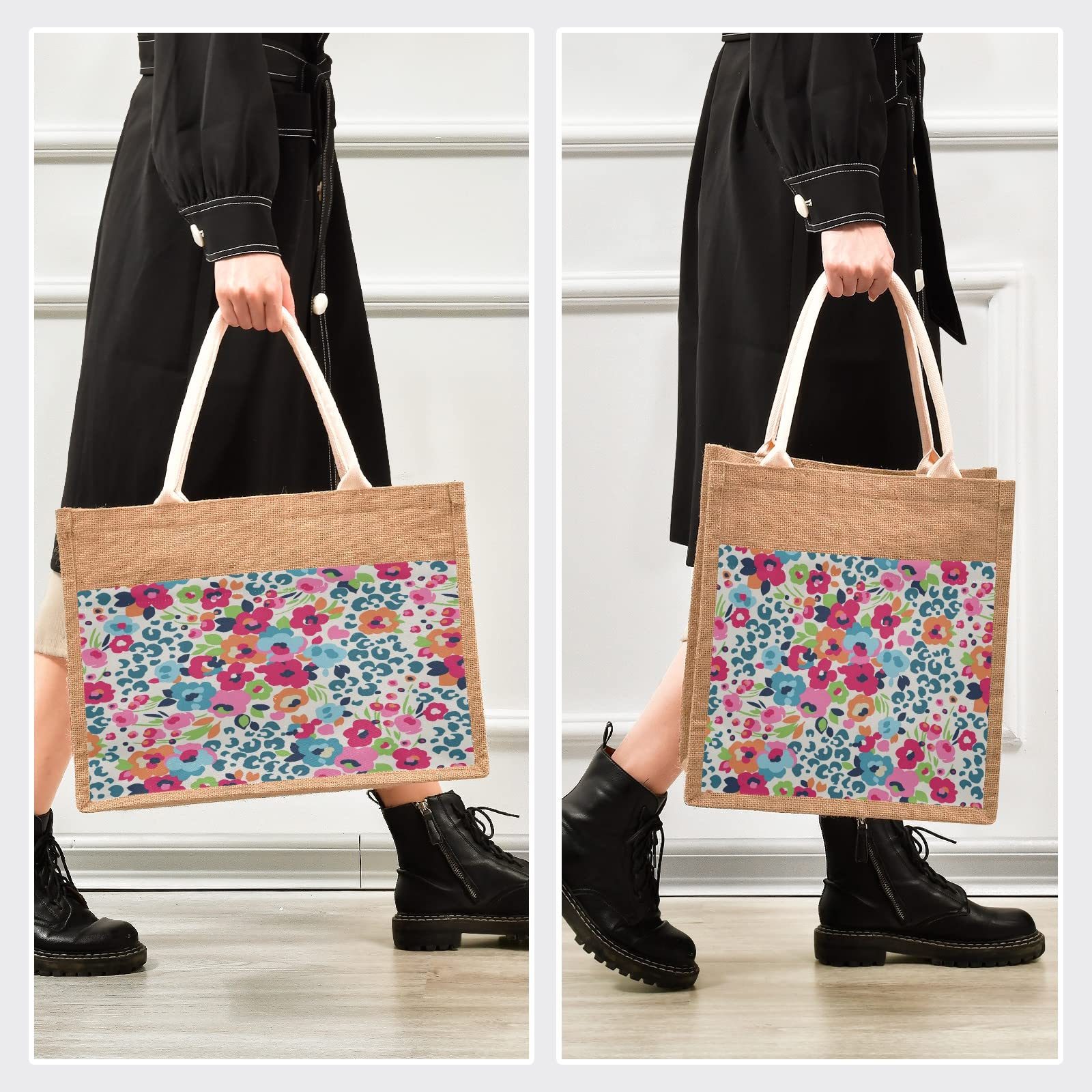 ALAZA Cute Flower Leopard Print Jute Tote Bag for Women - Eco-Friendly Grocery Shopping Bag with Sturdy Handles - Perfect for Outdoor Travel, Beach Trips & Farmers Market
