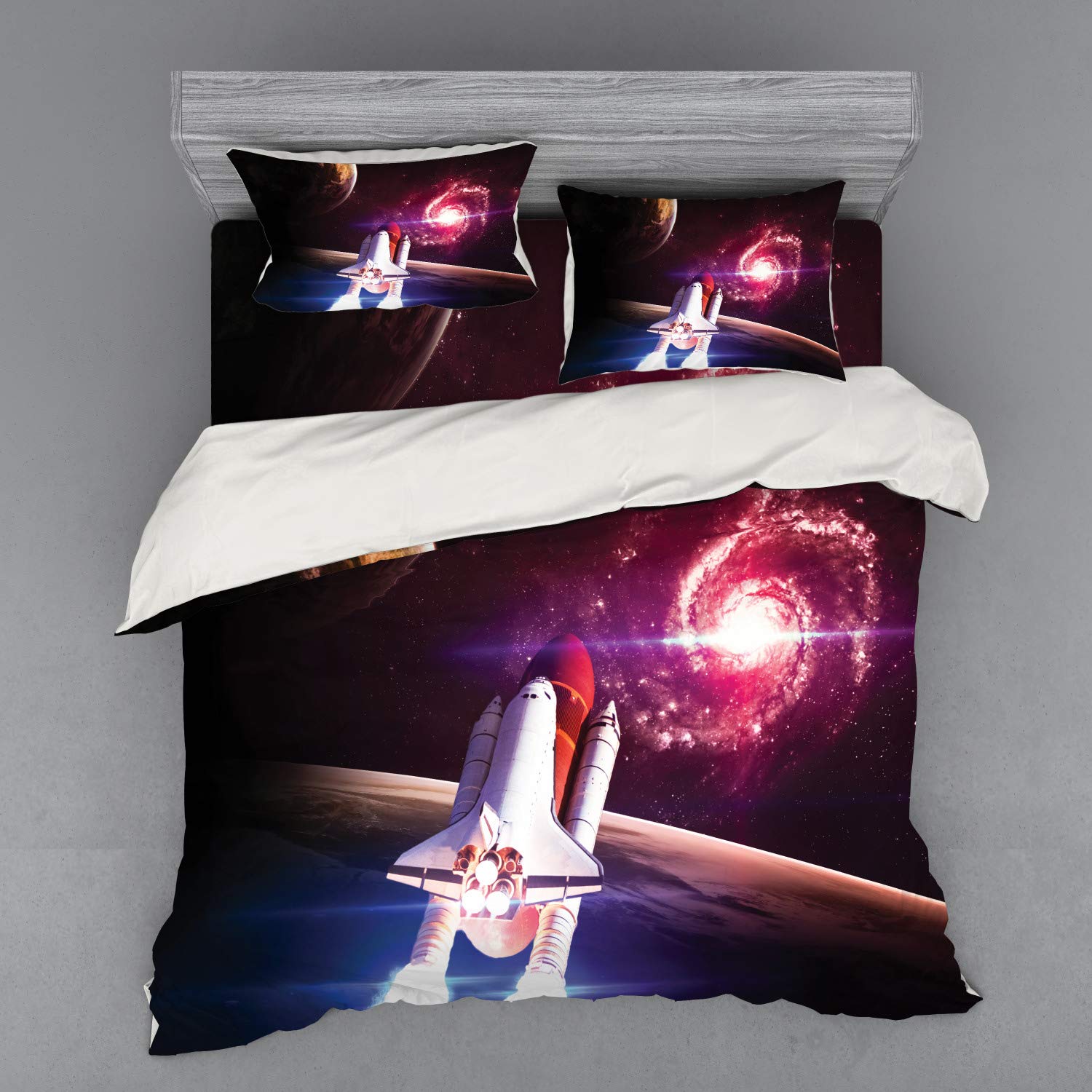 Ambesonne Galaxy Bedding Set King Size - 4 Piece Duvet Cover with Shams & Fitted Sheet - Spaceship Milky Way Galactic Design in Magenta & White - Perfect for Sci-Fi Lovers & Space Themed Bedrooms