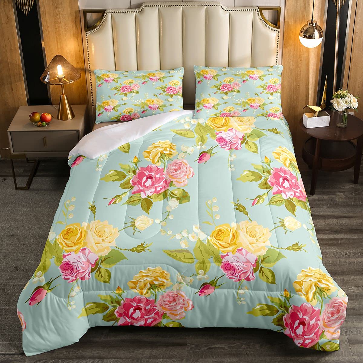 Floral Print Rose Comforter Set for Girls & Teens - Soft Botanical Blossom Duvet Cover with Queen Size Quilt - Perfect for Bedroom Decor, Kids Room & Teen Girls' Bedding