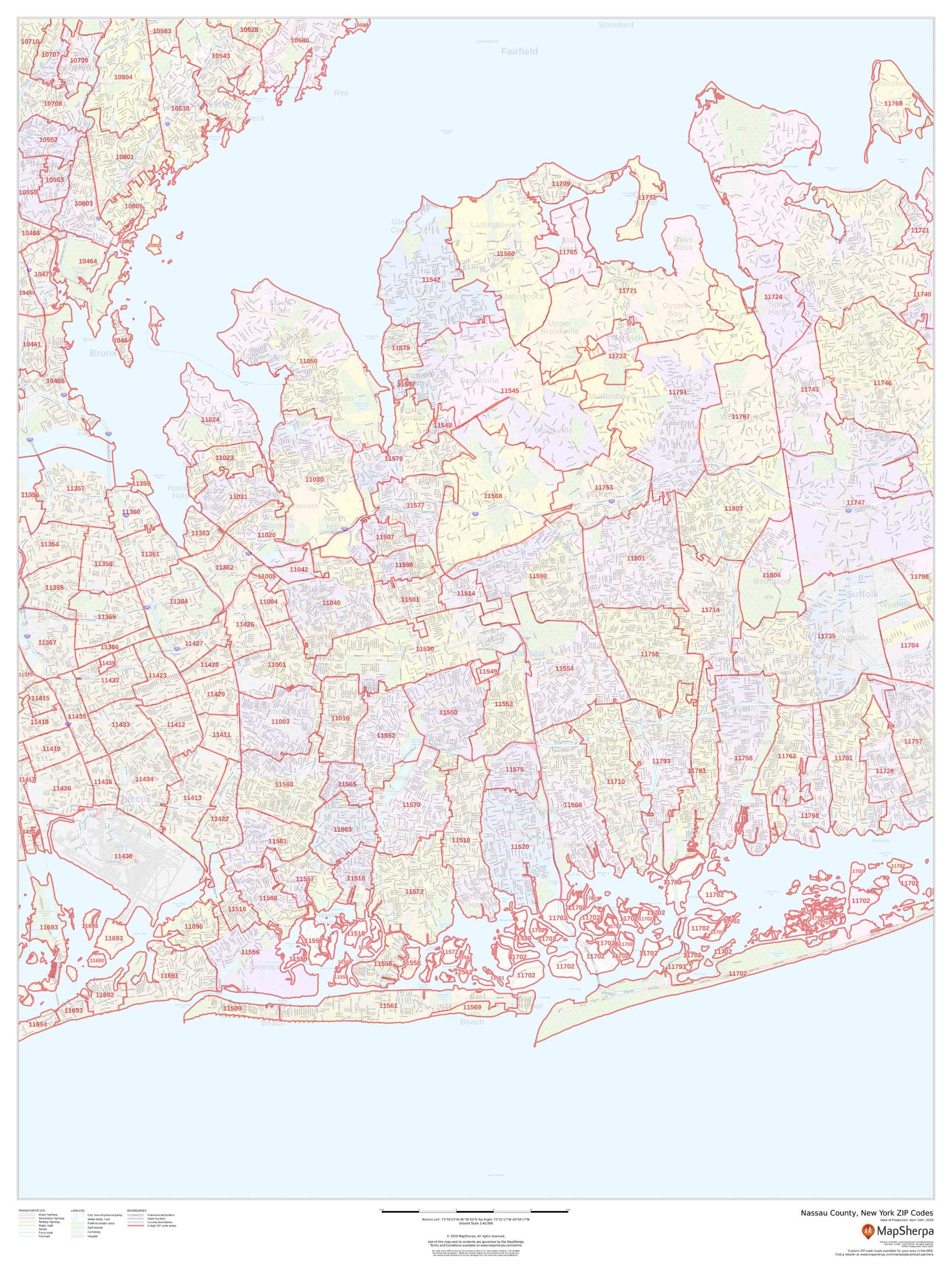 Nassau County NY Zip Code Map - 36x48 Inch Laminated Wall Poster for Home, Office & Classroom Decor | Detailed New York Area Map