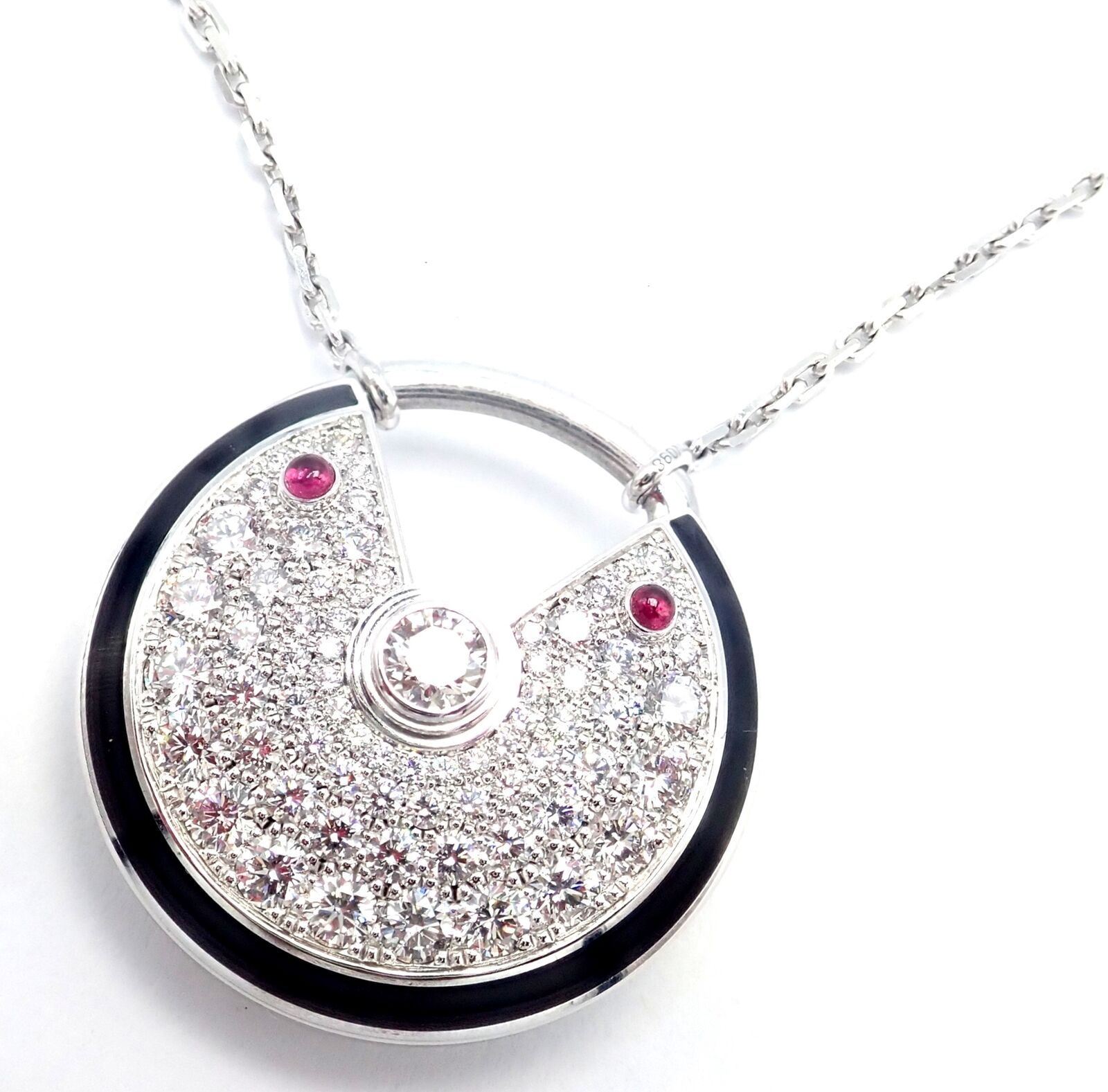 Authentic Cartier Amulette 18k White Gold Diamond Ruby Large Pendant Necklace for Women - Luxury Jewelry Gift for Anniversary, Birthday & Special Occasions