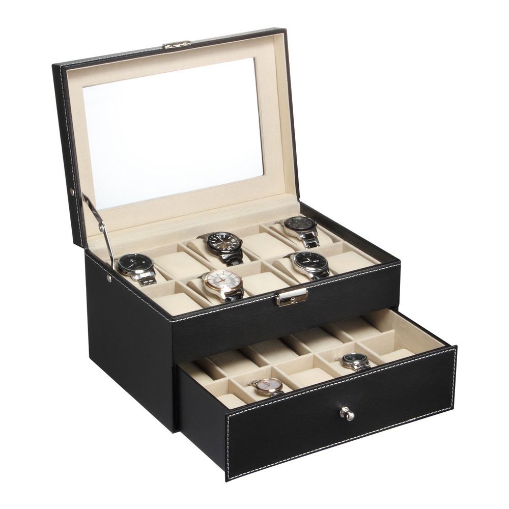 Lockable 2-Tier Watch Organizer Box with Glass Top - 20 Slot Jewelry Display Case for Men & Women | Perfect for Watch Collectors, Travel & Home Storage (Black)