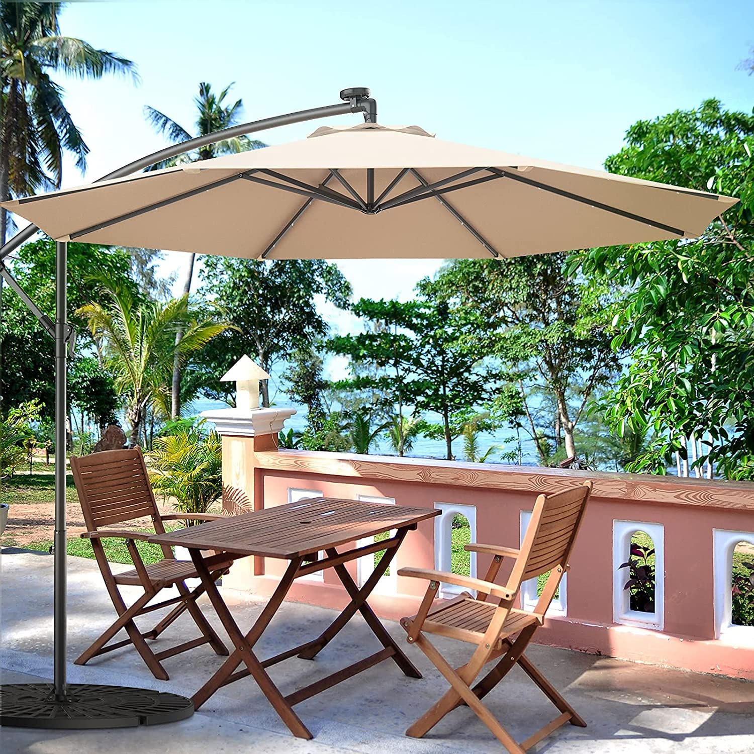 XKESBS 3m Outdoor LED Solar Cantilever Umbrella - Adjustable Inclined Sun Shade for Patio, Garden, Poolside & Backyard (Perfect for Lounging, Dining & Outdoor Relaxation)