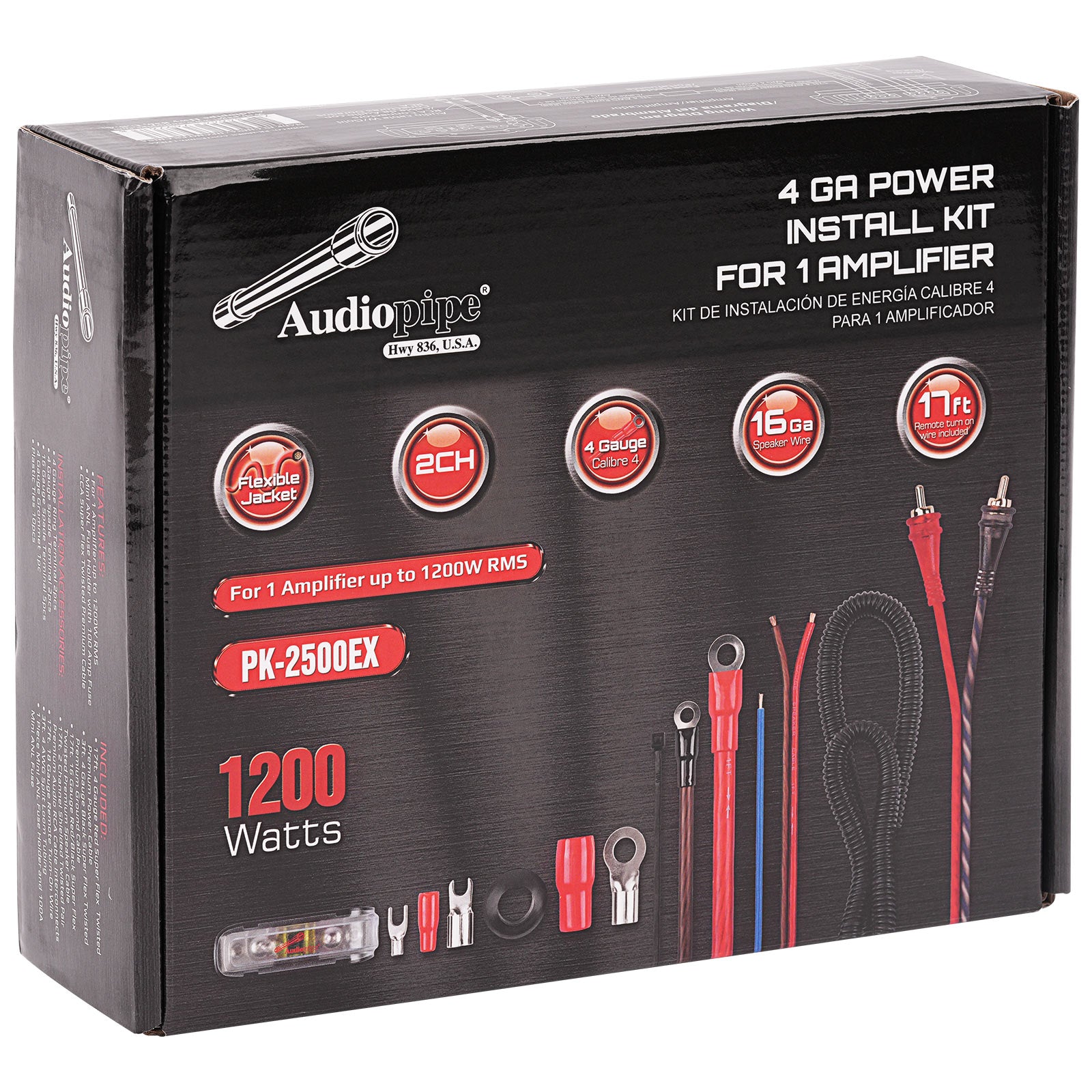 4 Gauge Amplifier Installation Kit for Car Audio - Compatible with PK 2500EX & Other 1-Channel Amps | Complete Wiring Set for Bass Boost & Sound System Upgrades