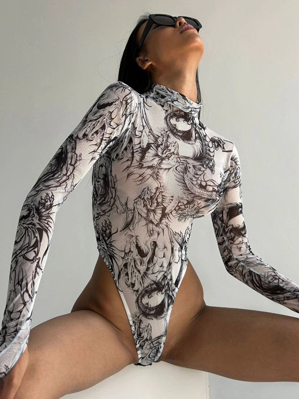 ZASUWA Women's Sexy Tie-Dye Print Sheer Mesh Bodysuit - Fashionable Lingerie for Date Night & Special Occasions
