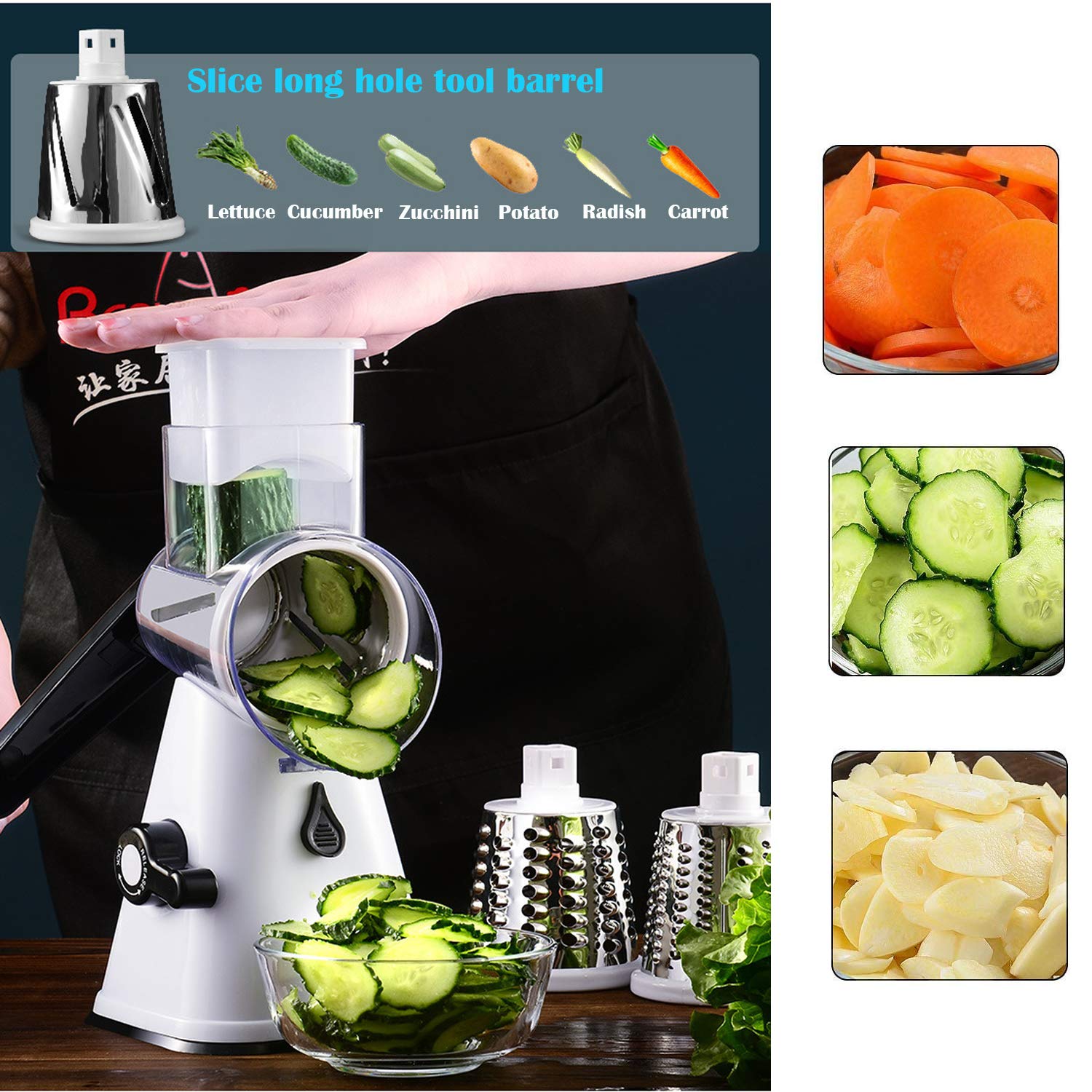 3-in-1 Rotary Cheese Grater & Vegetable Slicer Set with Interchangeable Blades - Stainless Steel Mandoline Slicer for Cheese, Nuts, Vegetables - Includes Free Peeler (White) - Perfect for Kitchen, Salad Prep & Party Platters