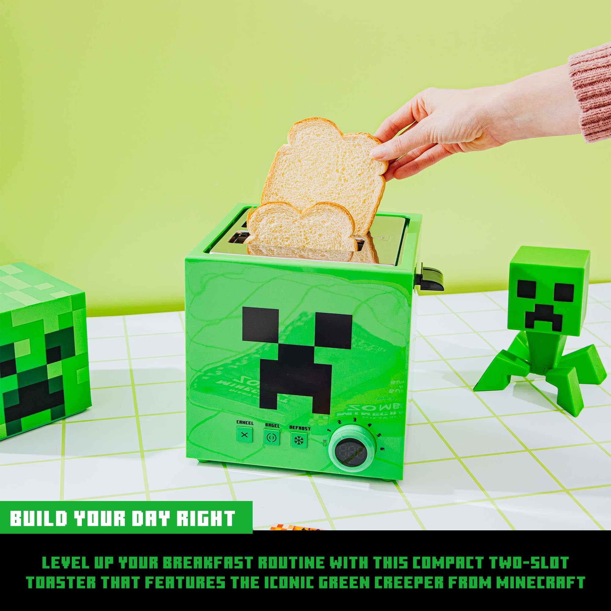 Minecraft Green Creeper 2-Slice Toaster for Bagels, Waffles & Bread - 6 Browning Settings with Defrost Function - Prints Creeper Face Design - Perfect for Gamers, Kids & Minecraft Fans Breakfast
