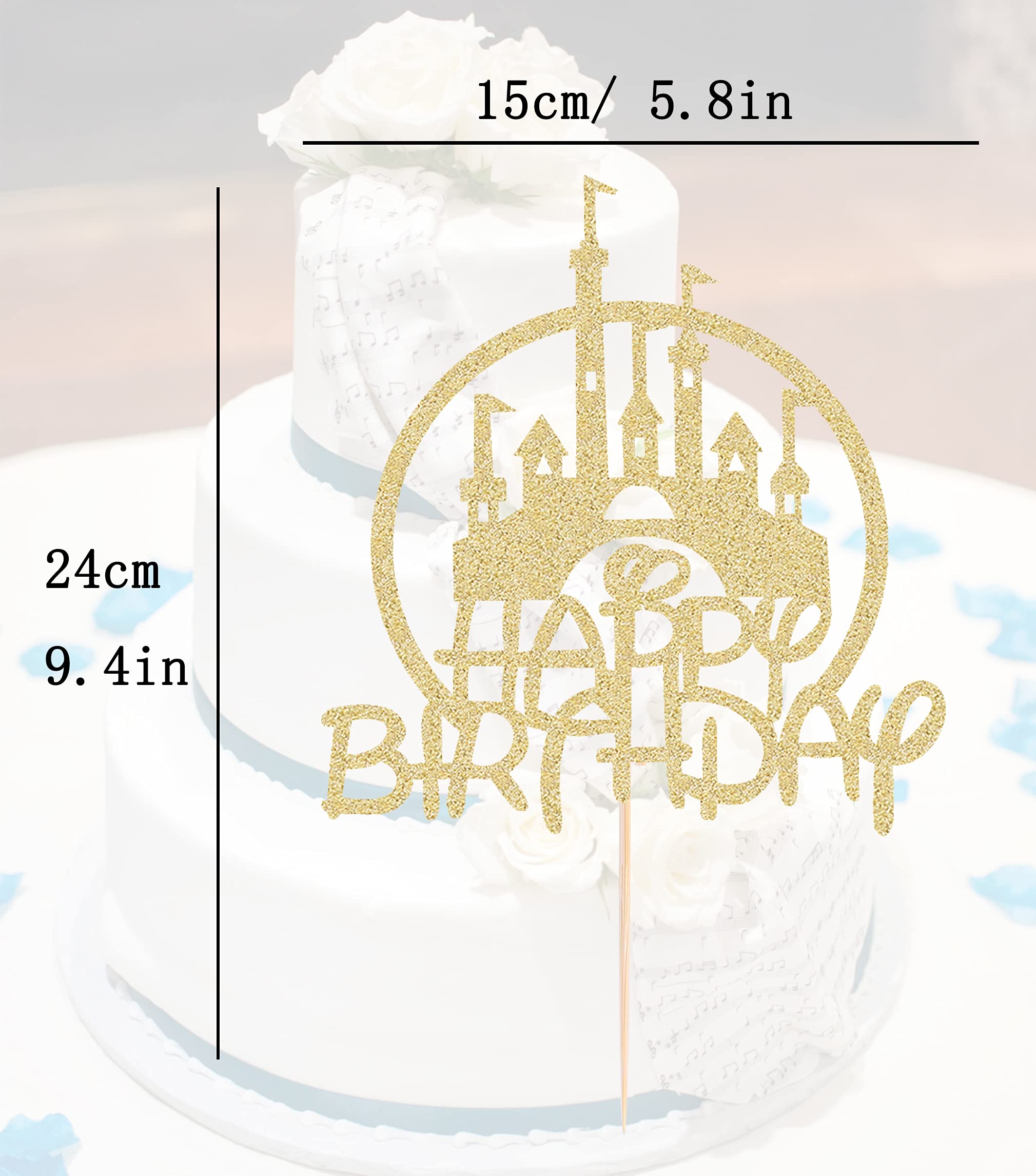 Gold Glitter Castle Cake Topper for Birthday Party Decorations - Princess & Prince Theme Happy Birthday Cake Decor - Perfect for Kids Birthday Cakes, Photo Props, and Fairy Tale Themed Parties