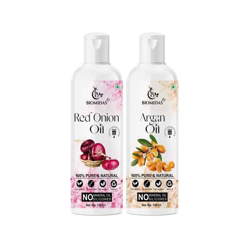 Biomidas 100% Pure Red Onion Oil & Argan Oil Combo (100ML Each) - Promotes Rapid Hair Growth, Reduces Hair Fall, Repairs Split Ends for Softer & Shinier Hair - Perfect for Daily Hair Care & Scalp Treatment (Pack of 2)