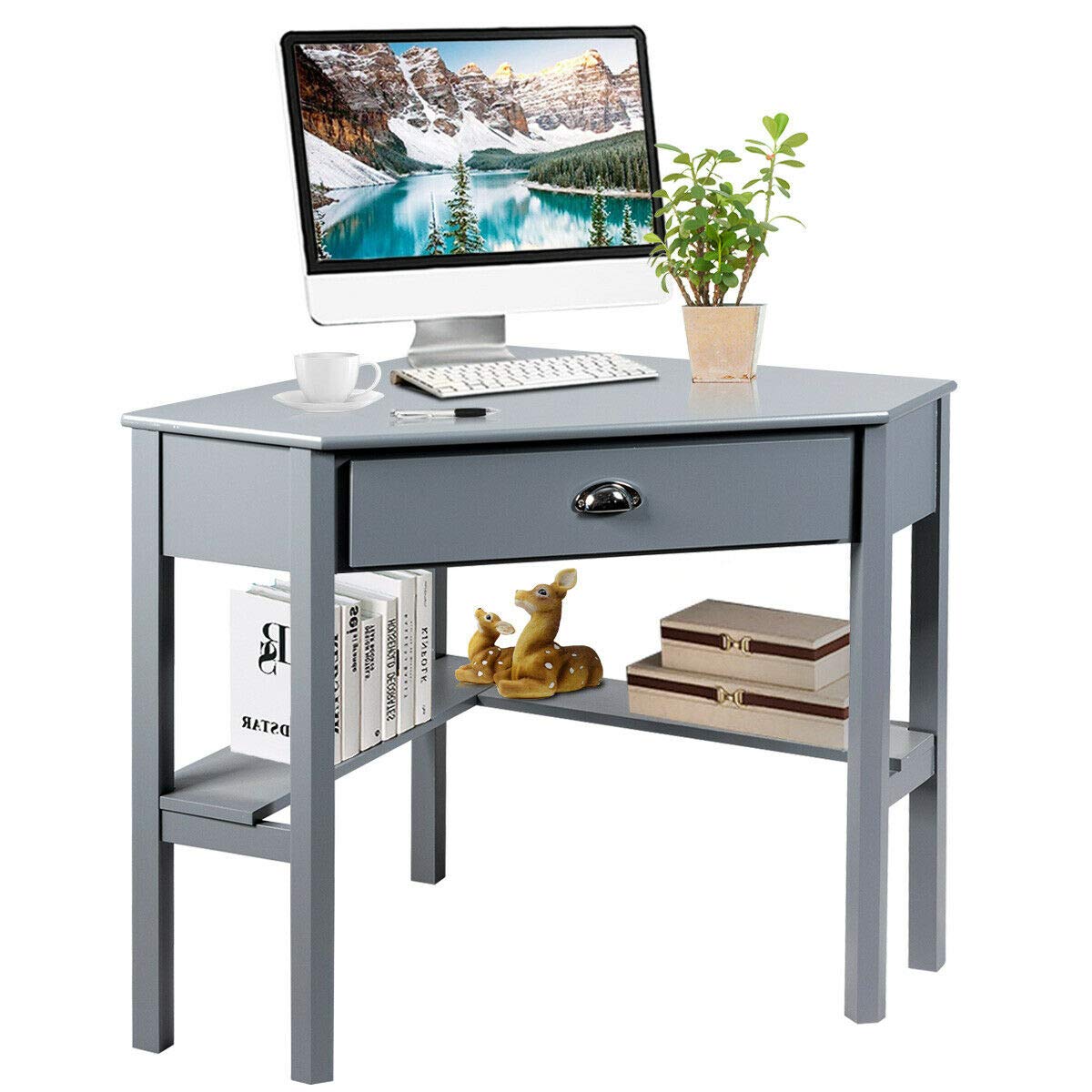 Ergonomic Grey Corner Computer Desk with Slide-Out Keyboard Drawer & Bottom Storage Shelf | Compact L-Shaped Workstation for Home Office, Study Room & Small Spaces | Perfect for PC, Laptop, Writing & Gaming Setup in Apartments, Dorms & Living Rooms