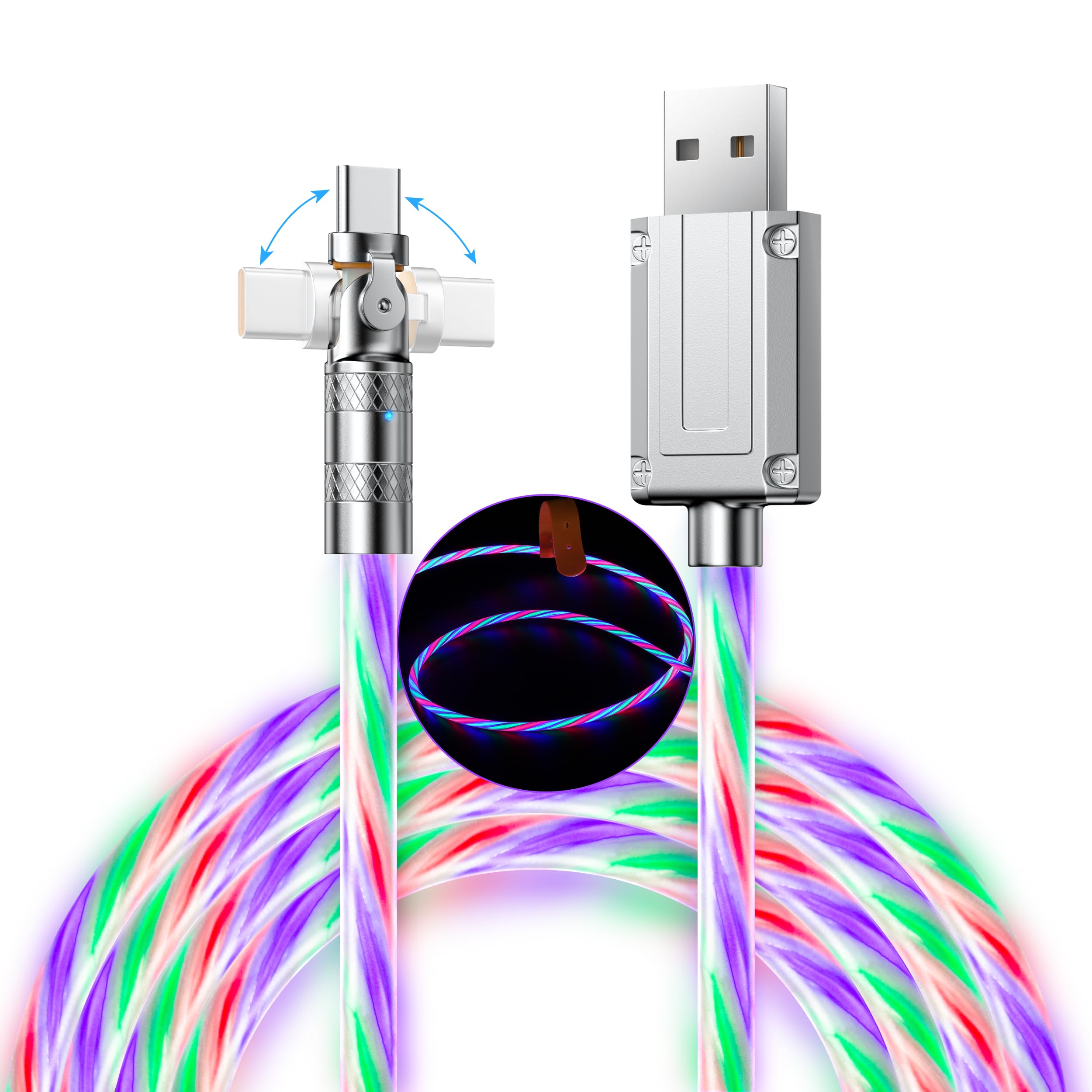 180° Rotating USB C Charger Cable 6.6FT/2M Fast Charging with LED Light - USB A to USB C Cable for Samsung Galaxy S24/S23/S22/Note 10/9, Huawei P9, Pixel 7/6, iPad, Switch, PS5 - Perfect for Gaming, Travel & Night Charging