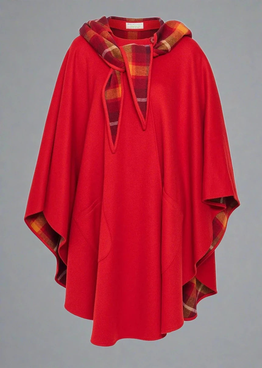 Jimmy Hourihan Bright Red Wool Walking Cape - Warm Winter Cloak for Women, Outdoor Hiking & Travel Fashion Accessory