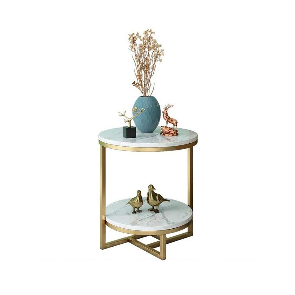 XIAOYAN Marble End Table with Stainless Steel Frame - 2-Tier Round Side Table for Living Room, Bedroom & Reception Area - Perfect for Holding Drinks, Snacks & Decor