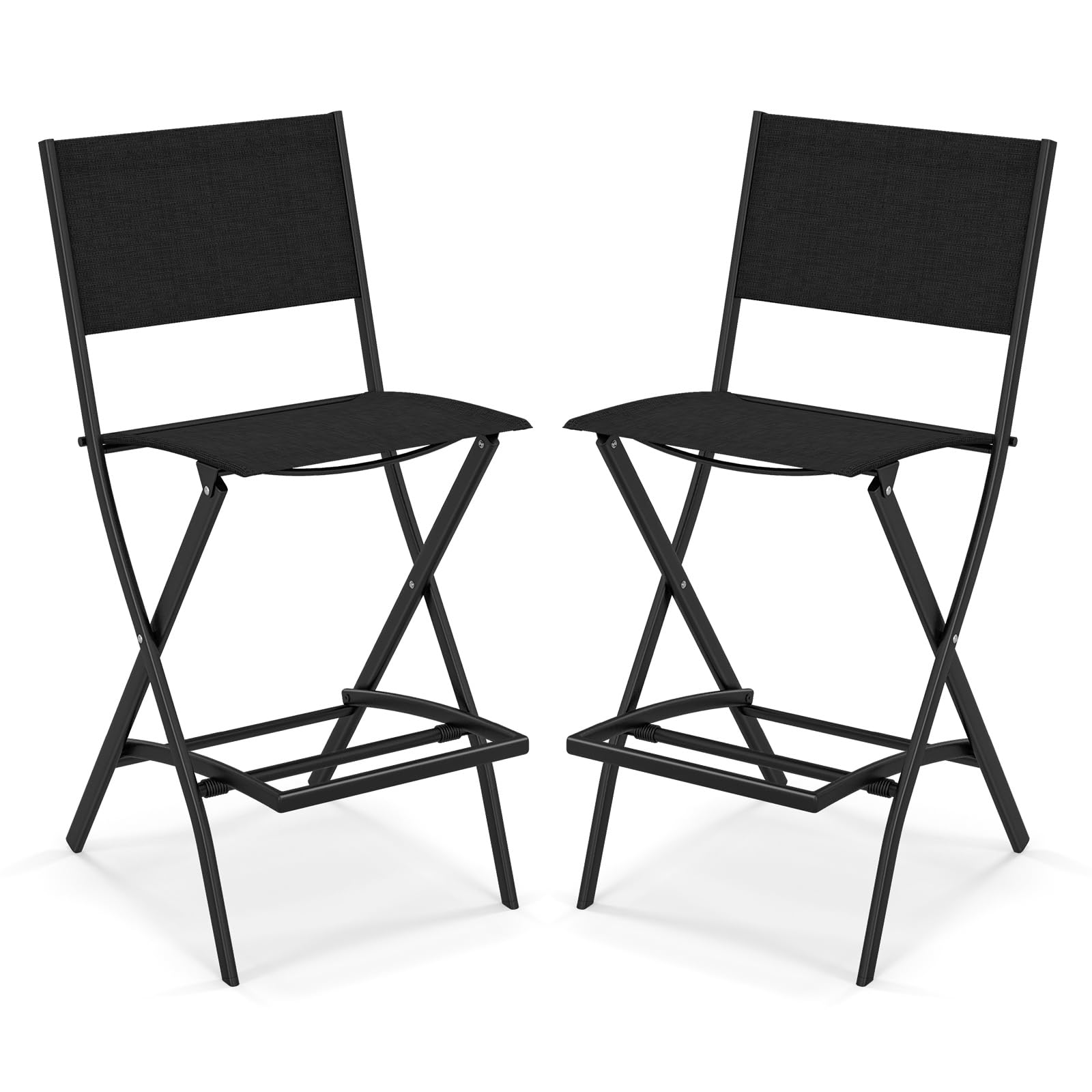 **Tangkula 2-Pack Outdoor Bar Stools - Counter Height Folding Bar Chairs with Backrest & Footrest, Heavy-Duty Metal Frame & Breathable Fabric - Perfect for Patio, Deck, Garden, or Indoor Dining (Black)**