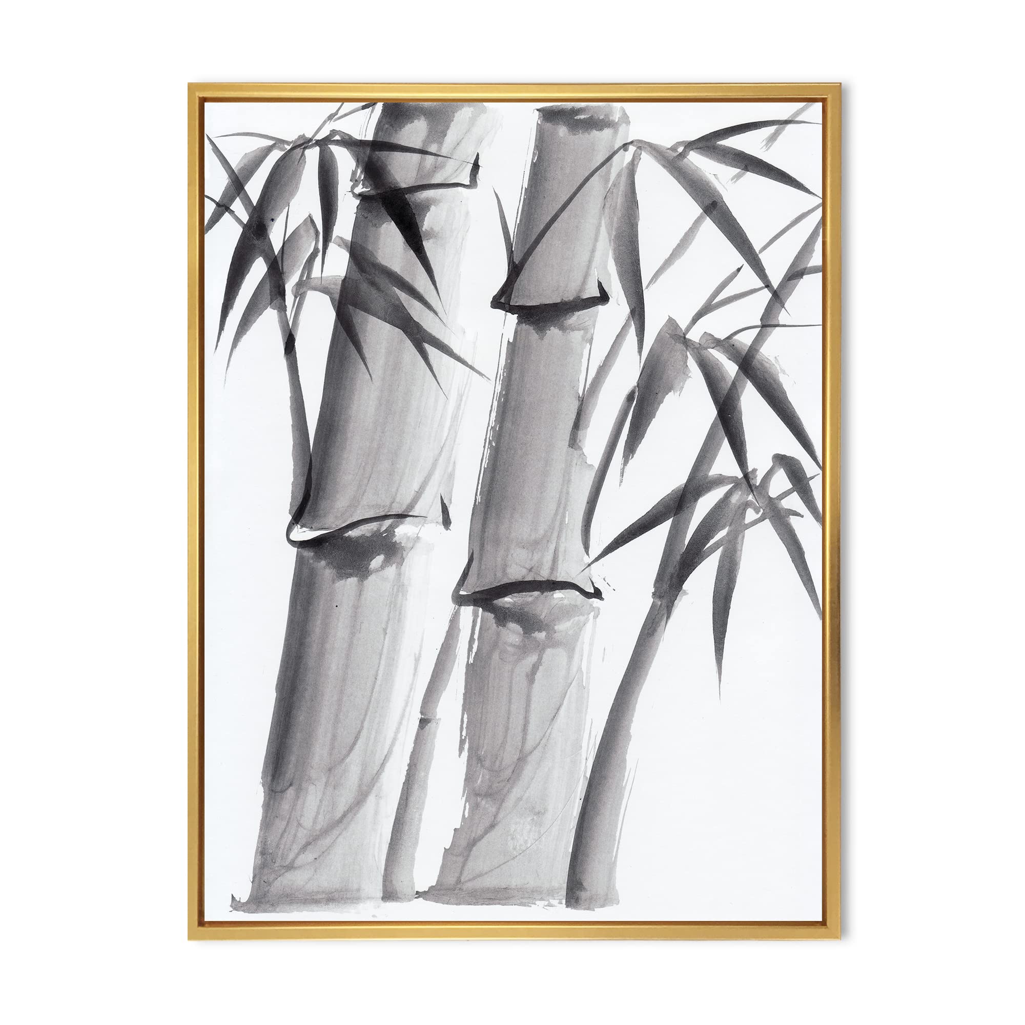 Vintage Monochrome Bamboo IV - Traditional Asian Framed Canvas Wall Art Print for Living Room, Bedroom & Office Decor
