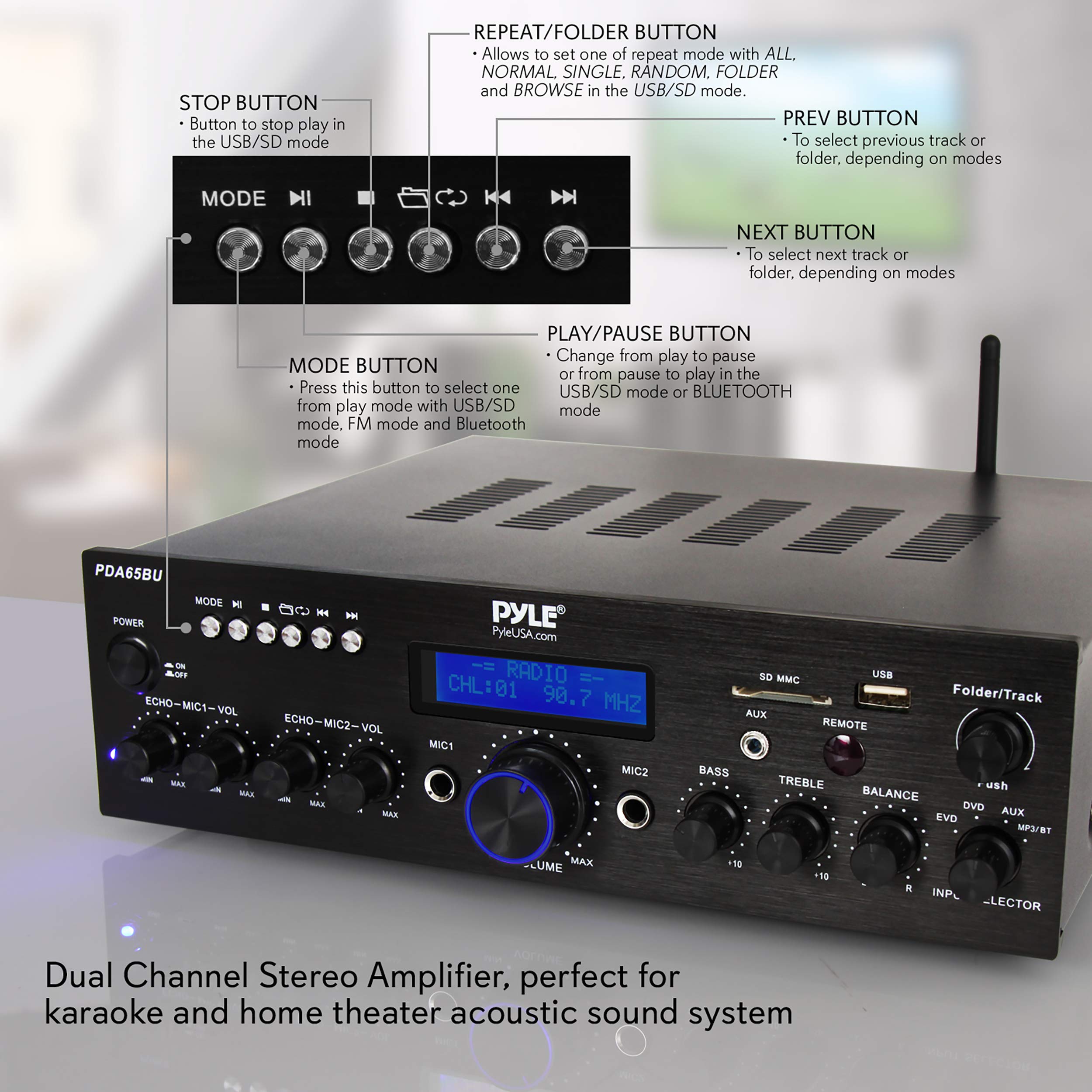 Pyle Wireless Bluetooth Power Amplifier System - 200W Dual Channel Stereo Receiver with USB, AUX, MIC Input & Echo, FM Radio - Home Theater & Studio Audio Amplifier for Parties, Karaoke, DJ Setup - Black (PDA65BU)