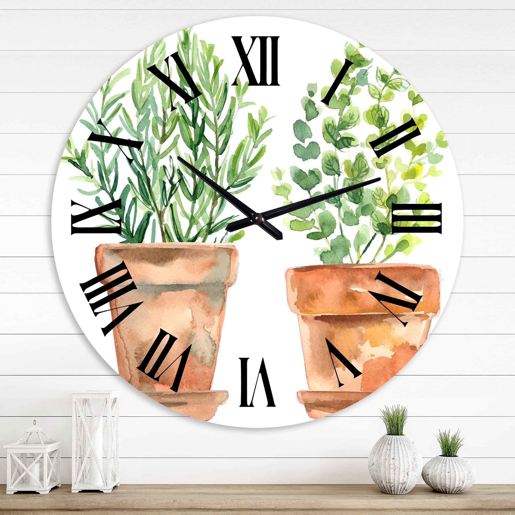 DesignQ Traditional Wall Clock - Large Floral & Botanical Decor with Two Green House Plants in Orange Pots for Living Room, Bedroom, Office