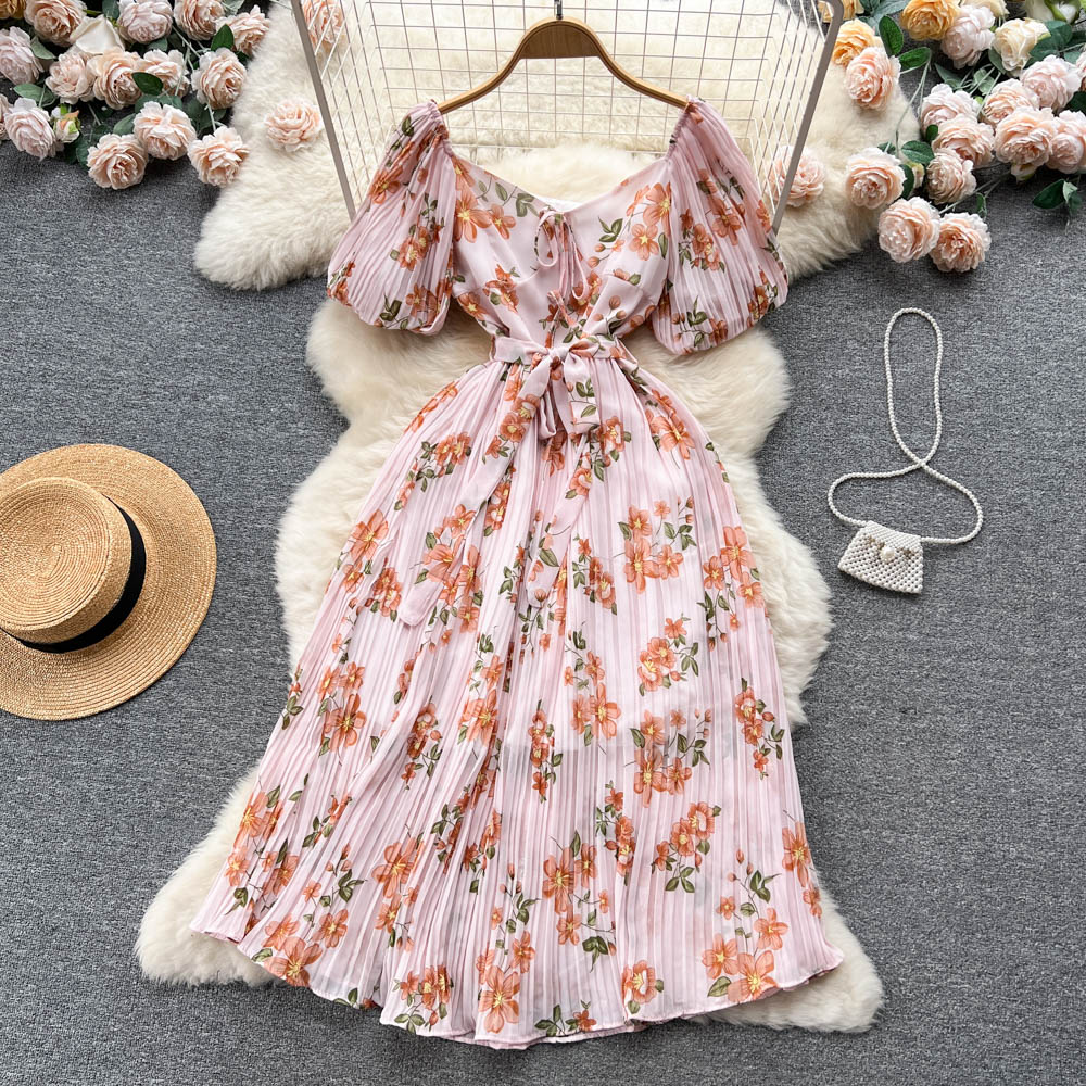 French Puff Sleeve Floral Print Chiffon Maxi Dress for Women - Elegant Summer Long Dress with Ruffle Details | Perfect for Beach Vacations, Garden Parties & Date Nights