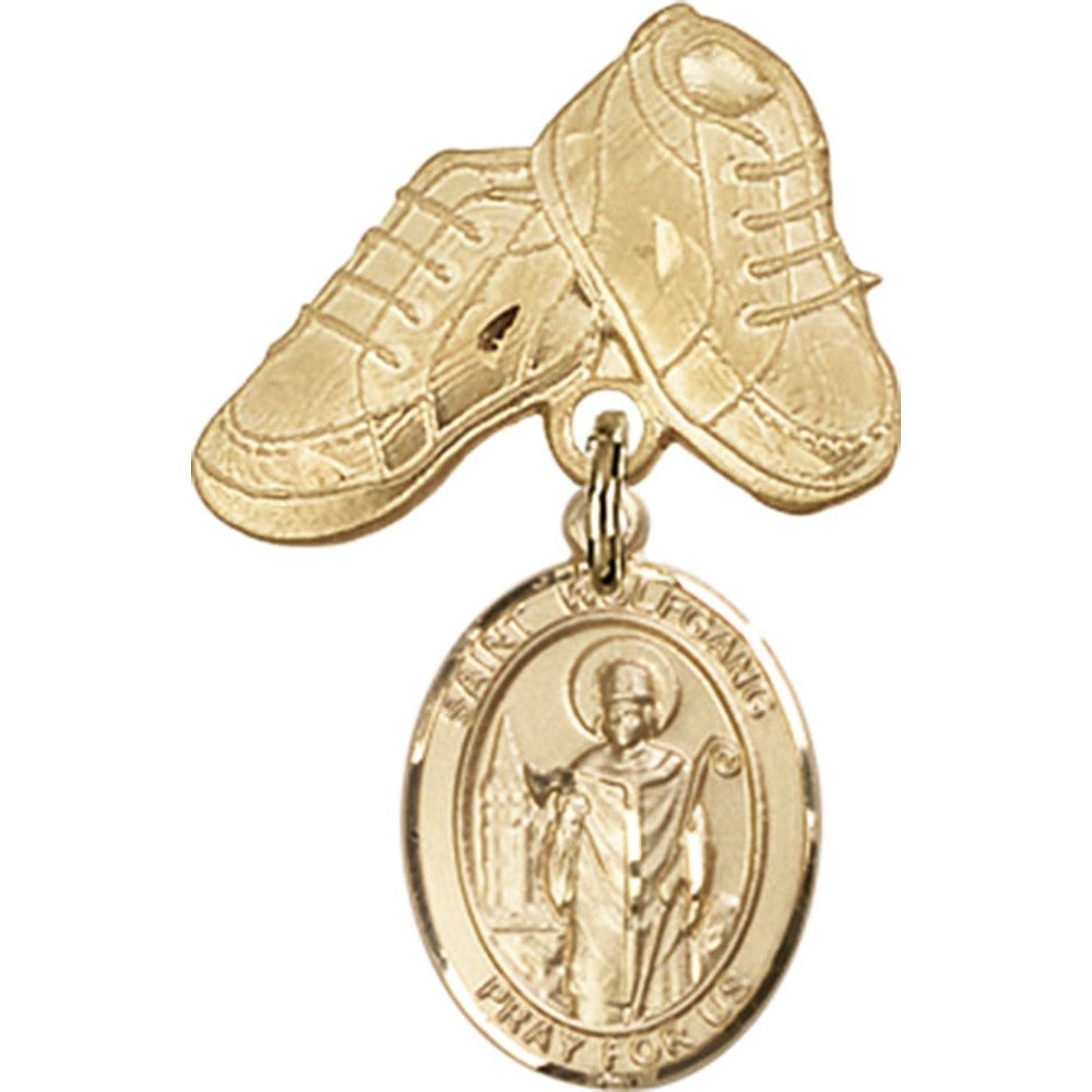 Gold Filled Baby Badge with St. Wolfgang Charm & Baby Boots Pin - 1 X 5/8 Inches - Perfect for Christening Gifts, Baby Showers & Keepsake Jewelry