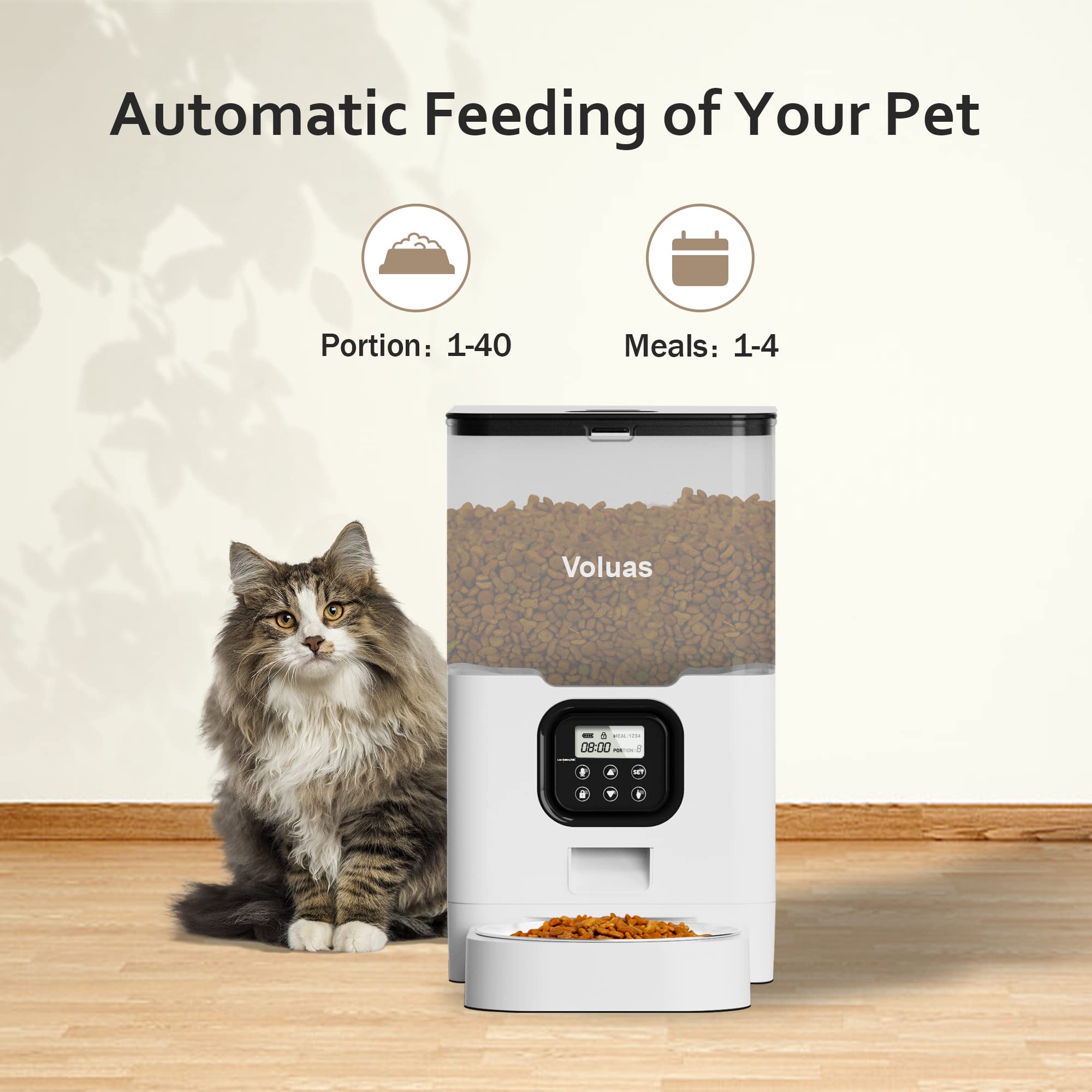 VOLUAS Automatic Cat Feeder - Programmable Pet Food Dispenser for Dry Food, Timed Portion Control with Desiccant Bag & Voice Recorder - Perfect for Travel, Workdays & Multi-Cat Homes