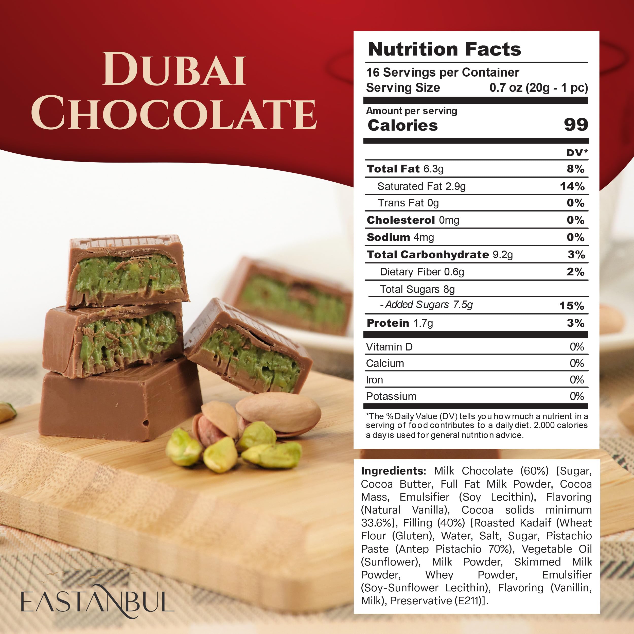 Premium Pistachio Dubai Chocolate Bar - 11.3oz (16 Pieces) with Shredded Phyllo Dough & Knafeh | Authentic Middle Eastern Treat | Viral Candy Gift Box for Holidays, Parties & Special Occasions