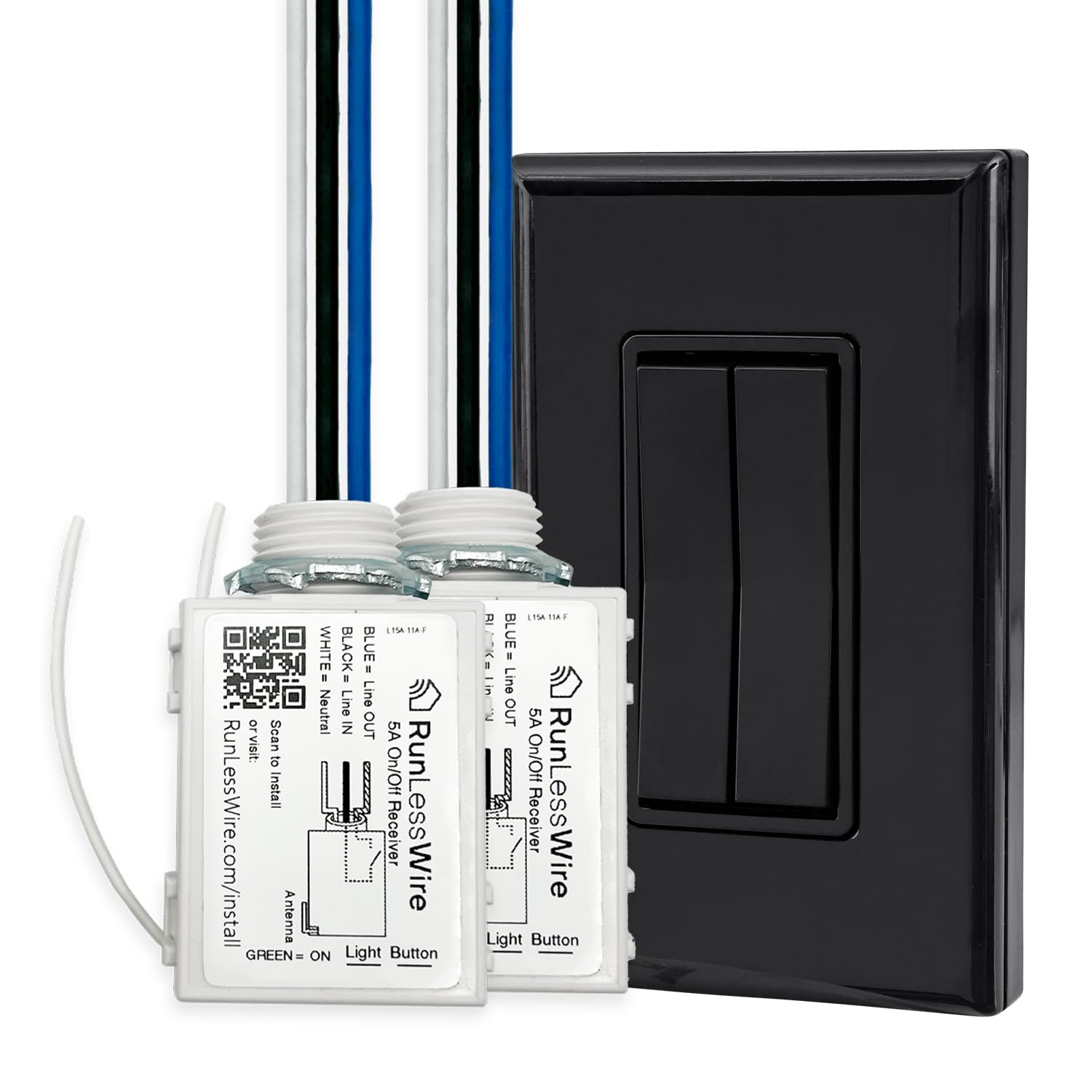 Battery-Free Wireless Fan & Light Remote Switch Kit - Self-Powered Kinetic DIY Wall Switch with 150+ ft RF Range - Includes 2 On/Off Receivers & 1 Double Switch (Black) - Perfect for Bedroom, Living Room & Home Automation