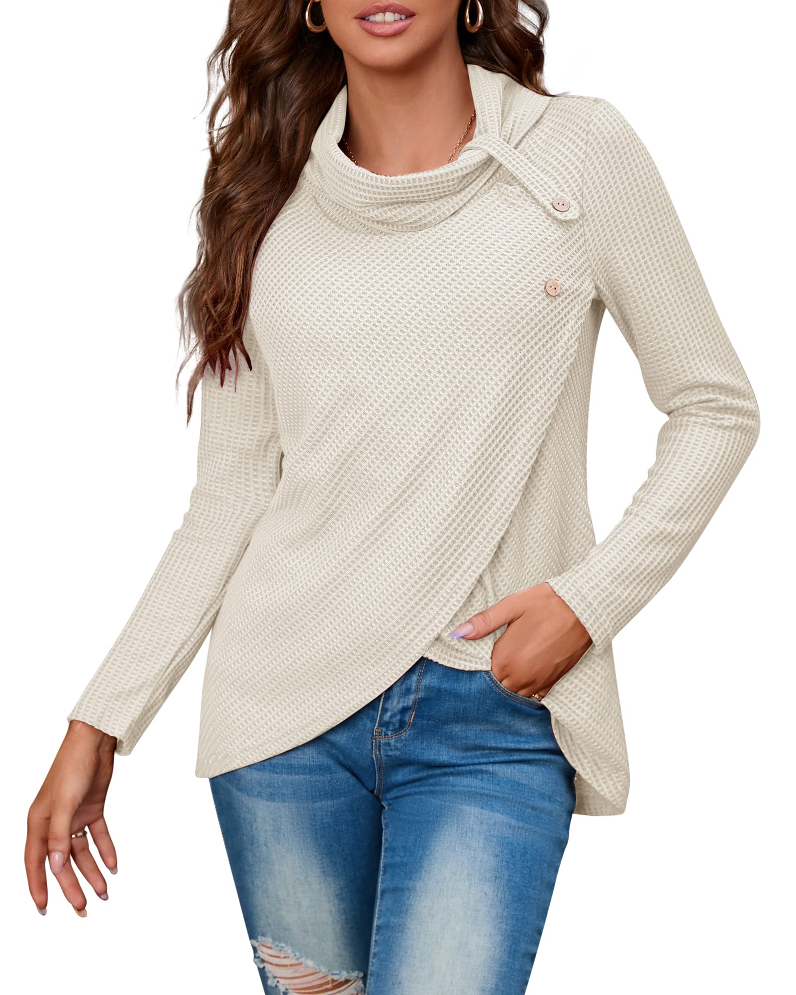 KILIG Women's Lightweight Cowl Neck Sweater - Long Sleeve Asymmetrical Waffle Knit Wrap Cardigan with Buttons | Perfect for Fall Layering, Office Wear & Casual Outfits