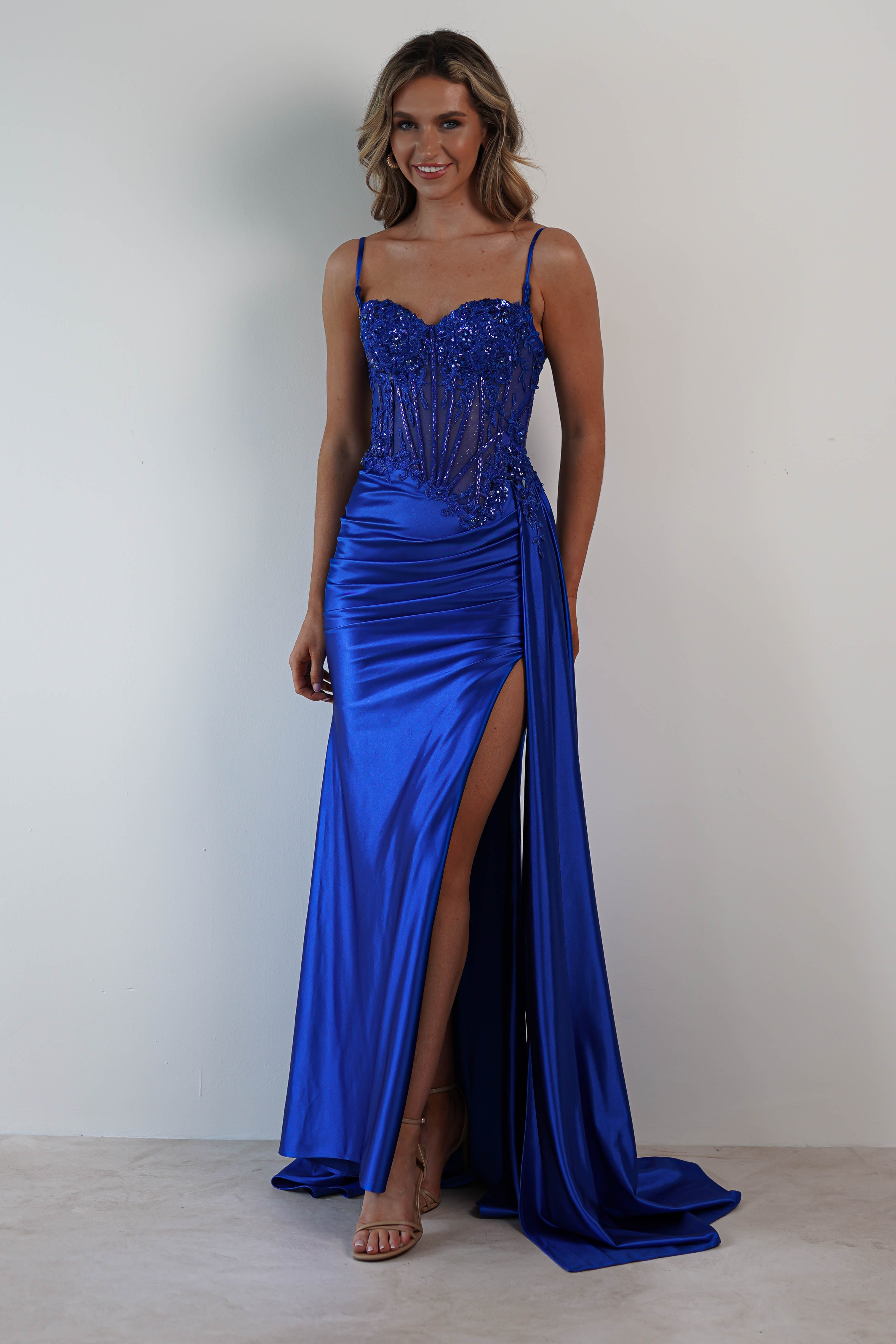 Royal Blue Diva Embellished Corset Gown - Elegant Formal Evening Dress for Prom, Wedding & Special Occasions