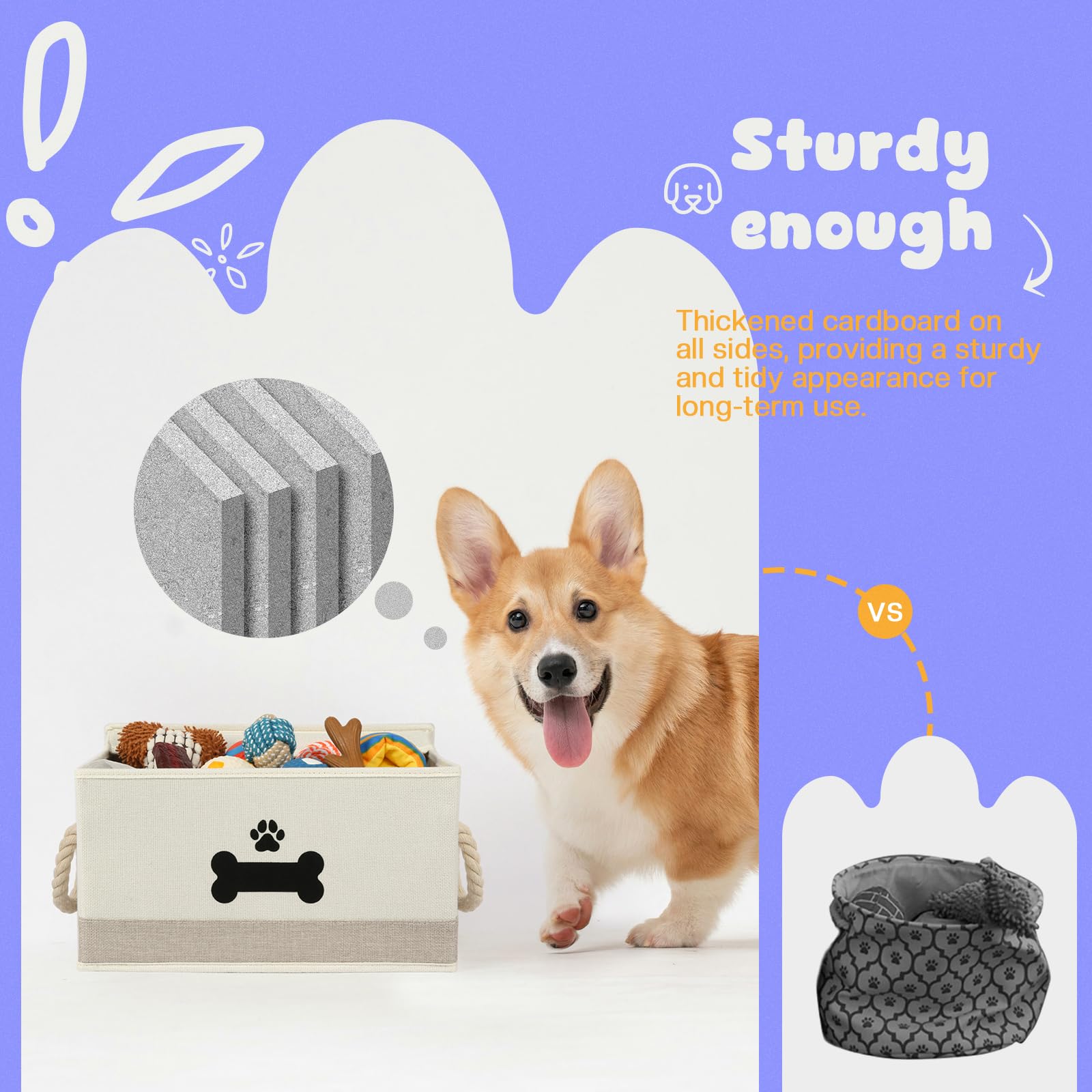 Durable Dog Toy Storage Basket with Lid & Cotton Rope Handles - Collapsible Pet Toy Organizer Box for Living Room, Bedroom or Nursery - Beige-Gray Dog Toy Bin for Easy Organization