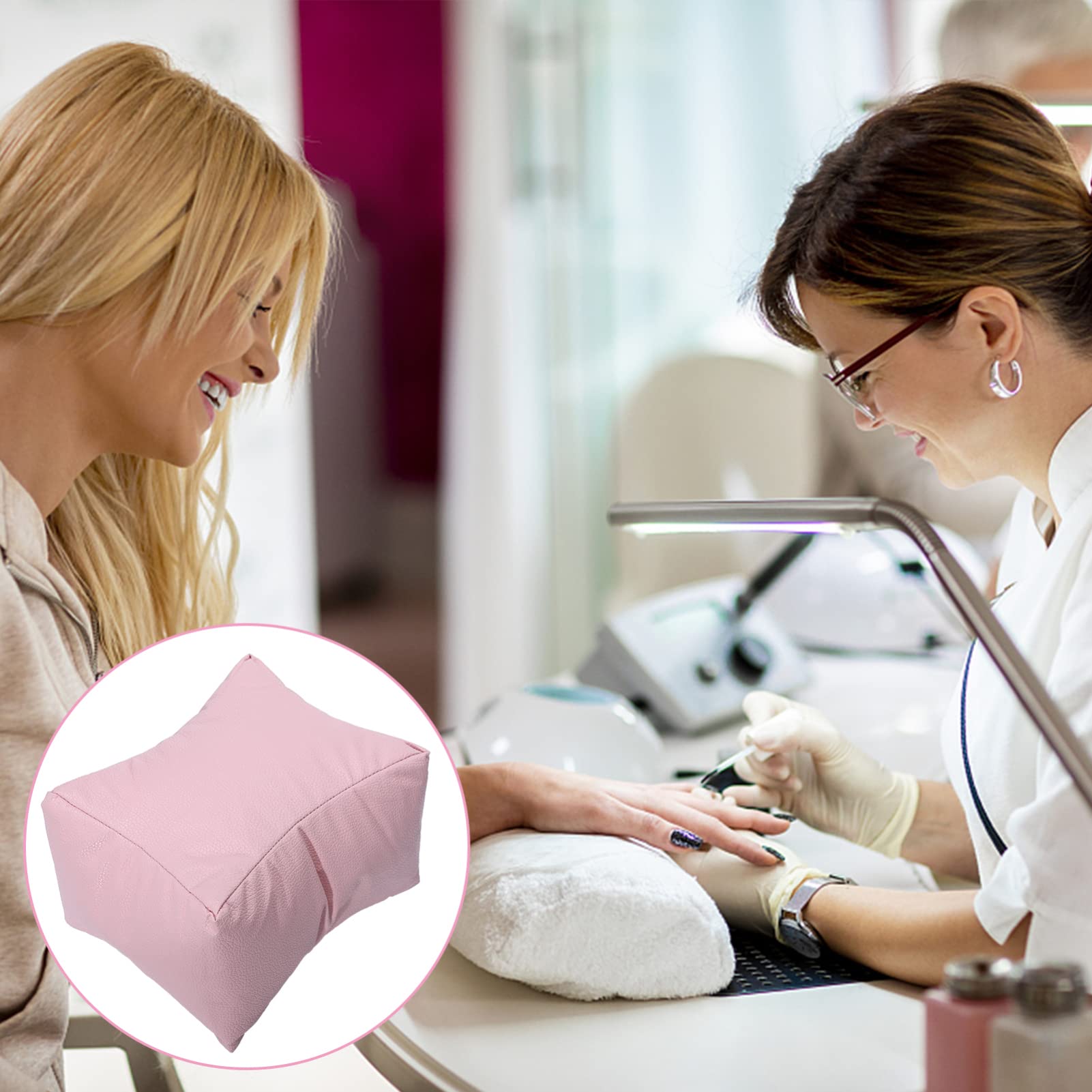HEALLILY Nail Art Hand Pillow - Soft PU Square Pink Beauty Sponge Holder & Armrest for Manicure, Perfect for Nail Salon Clients & Home Nail Care - Hand Resting Pad for Comfortable Nail Art Sessions