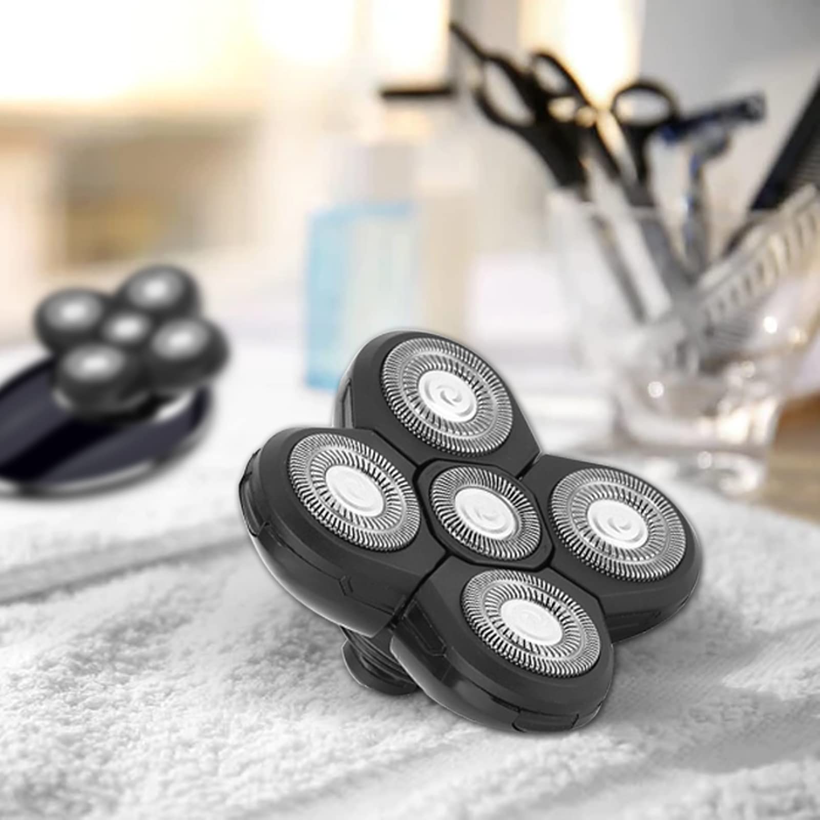 5-Blade Replacement Shaver Heads for Men - Waterproof Rotary Shaving Heads Accessory for Bald Head Shaving (Black) | Perfect for Wet/Dry Shaving at Home or Travel