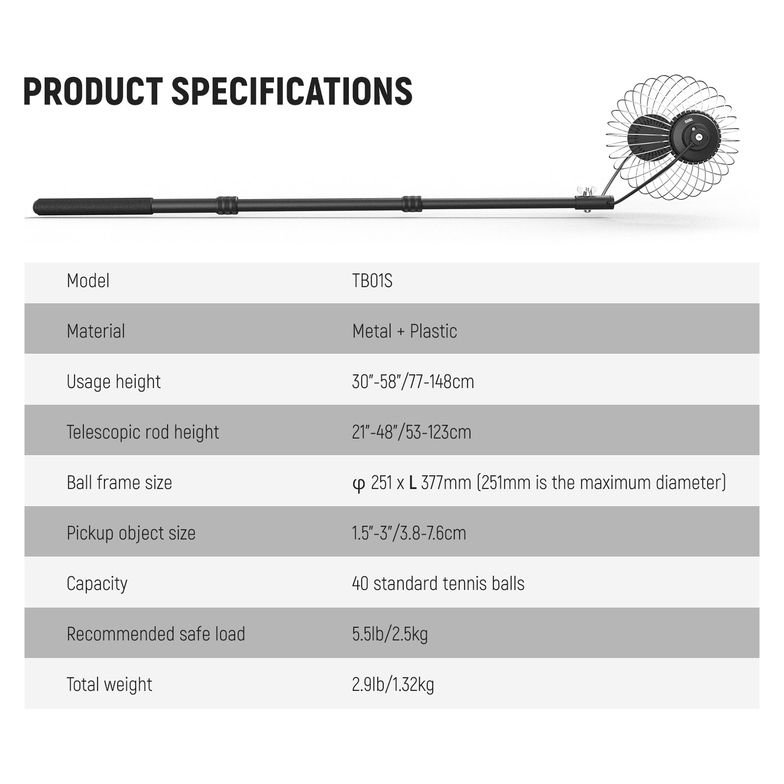 NEEWER TB01S Tennis Ball Collector Roller - Easy Pickup Tool for Tennis Practice & Training | Perfect for Coaches, Players & Court Maintenance