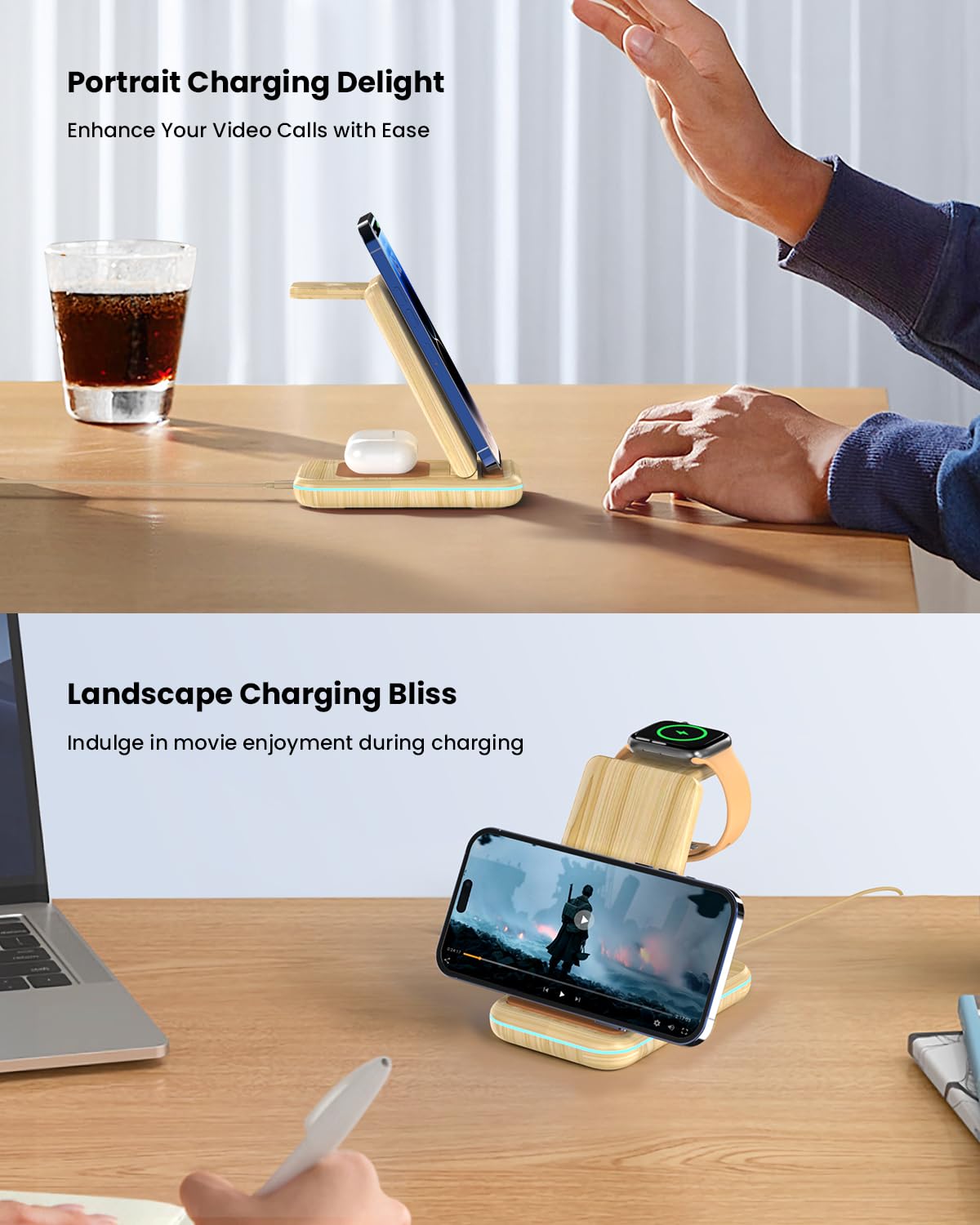 GEEKERA 3-in-1 Wireless Charging Stand for iPhone 16/15/14/13/12/11 Pro Max/X/8, Apple Watch Ultra/SE/8/7/6/5/4/3/2 & AirPods Pro/3 - Fast Qi-Certified Charger Dock Station for Bedside, Office & Travel