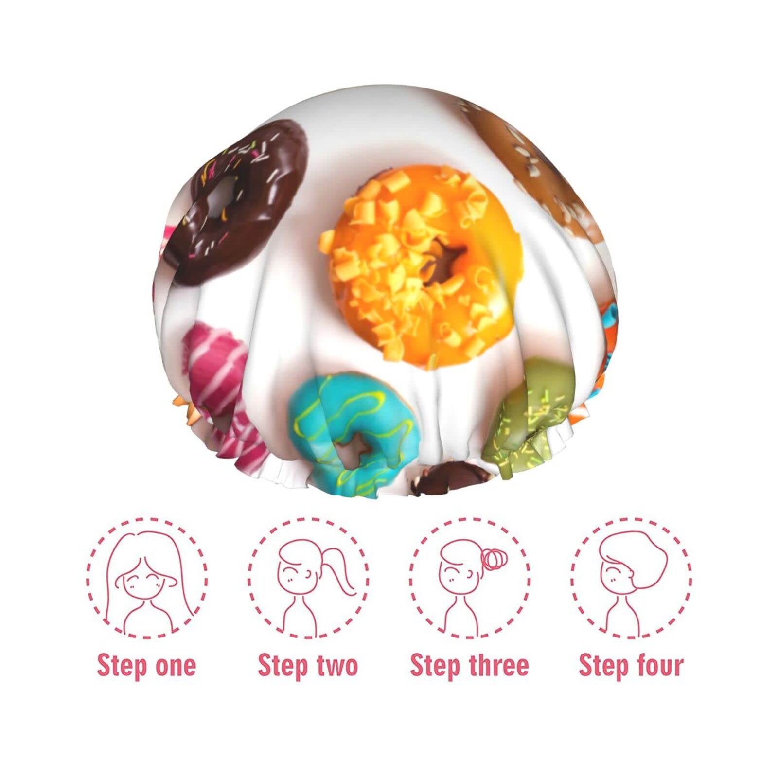 Different Flavors of Donuts Shower Cap for Women - Reusable & Double Waterproof Bathing Hair Cap for Shower - Perfect for Spa, Swimming, Hair Care & Beauty Routines