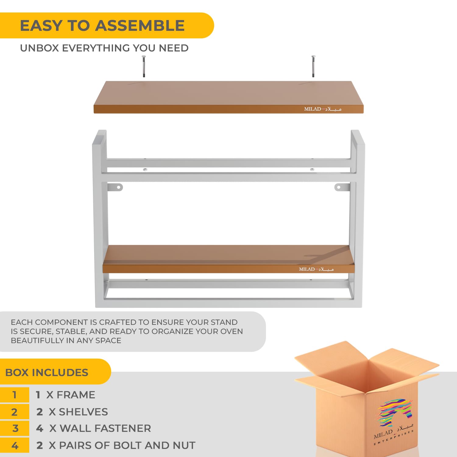 Stainless Steel Wall Mount Microwave Stand & OTG Shelf - Golden & White Kitchen Storage Rack with Spice Organizer (OS-12) - Space Saving Solution for Small Kitchens & Apartments