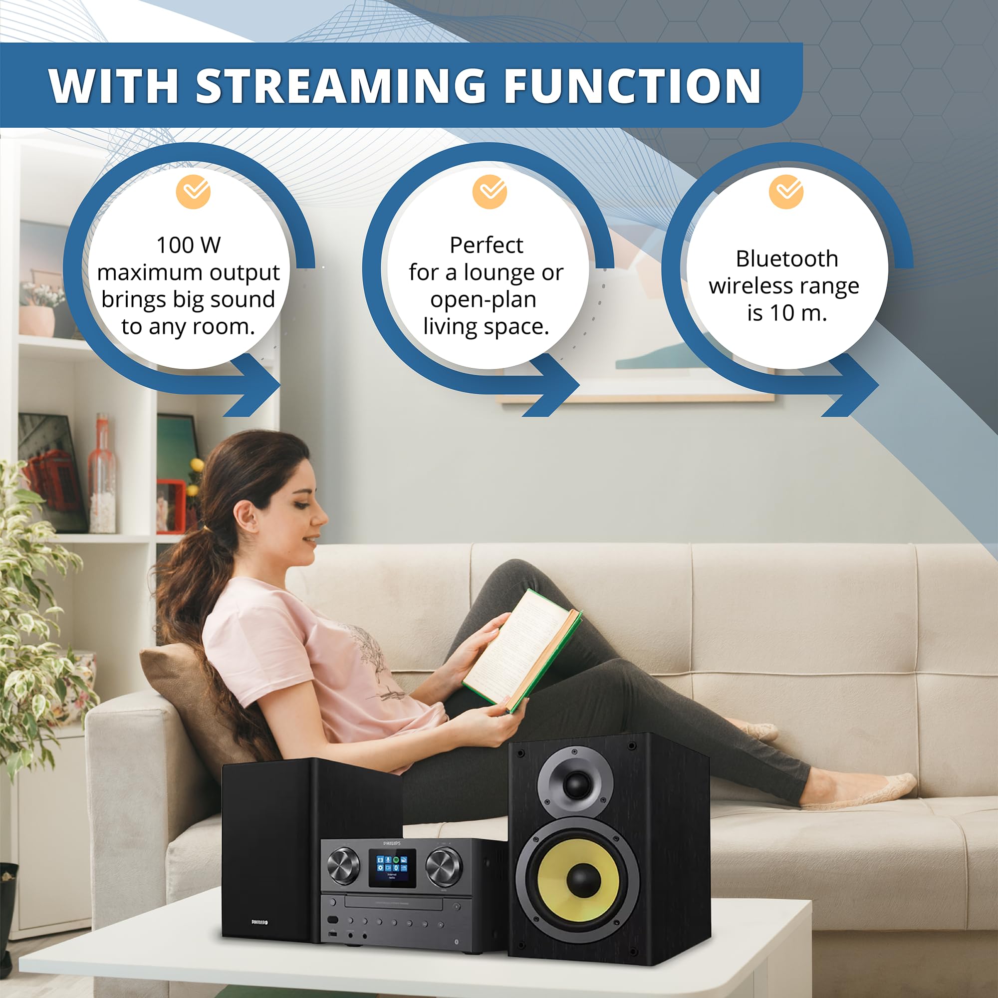 Philips Bluetooth & WiFi Stereo System with CD Player, Spotify, Internet Radio, FM Radio & MP3 Playback - 100W Powerful Sound with Crisp Highs & Rich Bass - Remote Control Included - Perfect for Home Entertainment, Parties & Relaxing Music Sessions