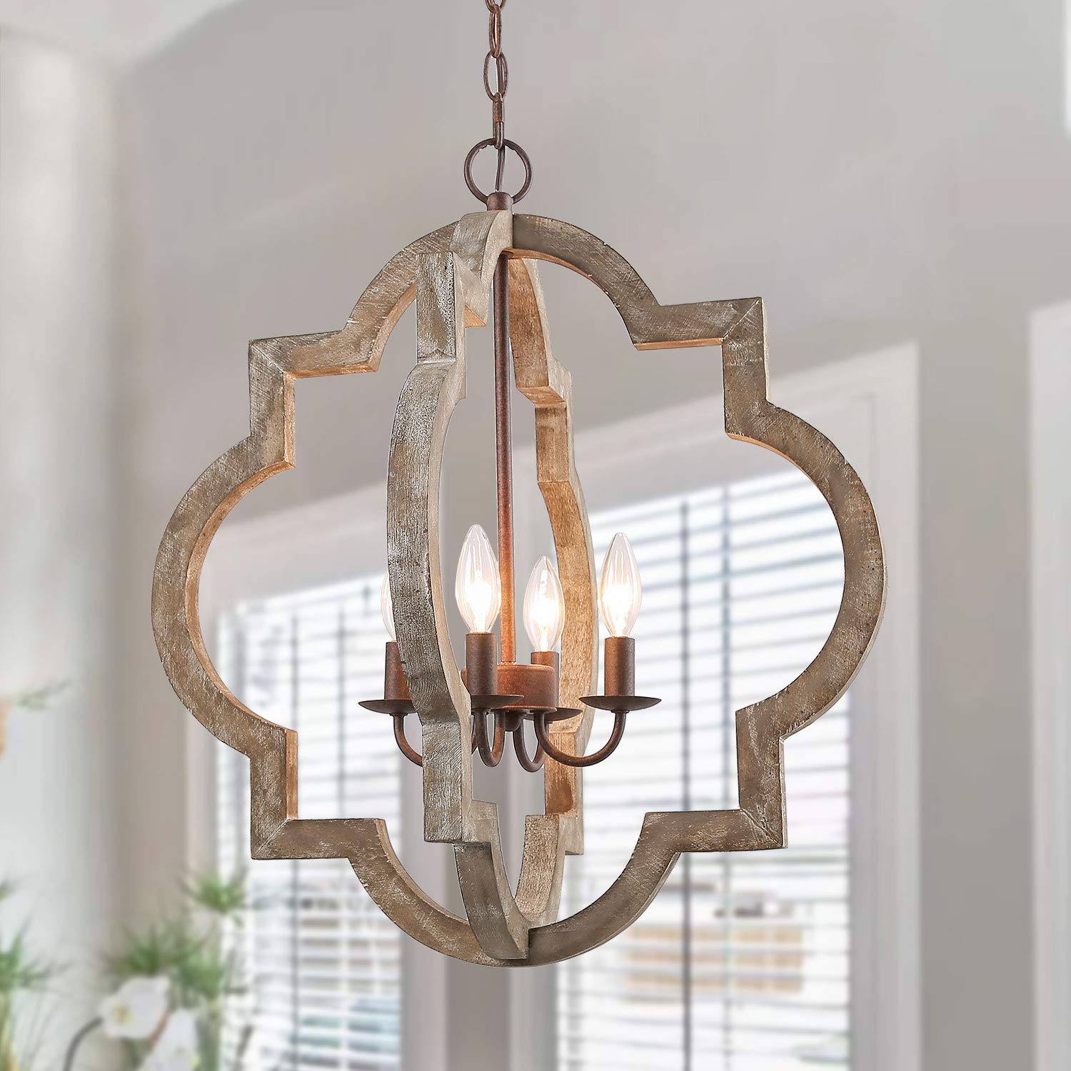 Handmade Large Farmhouse Wood Chandelier - 4-Light Rustic Hanging Fixture for Dining Room, Bedroom, Living Room & Hallway | Perfect for Country Homes, Cabin Decor & Wedding Venues