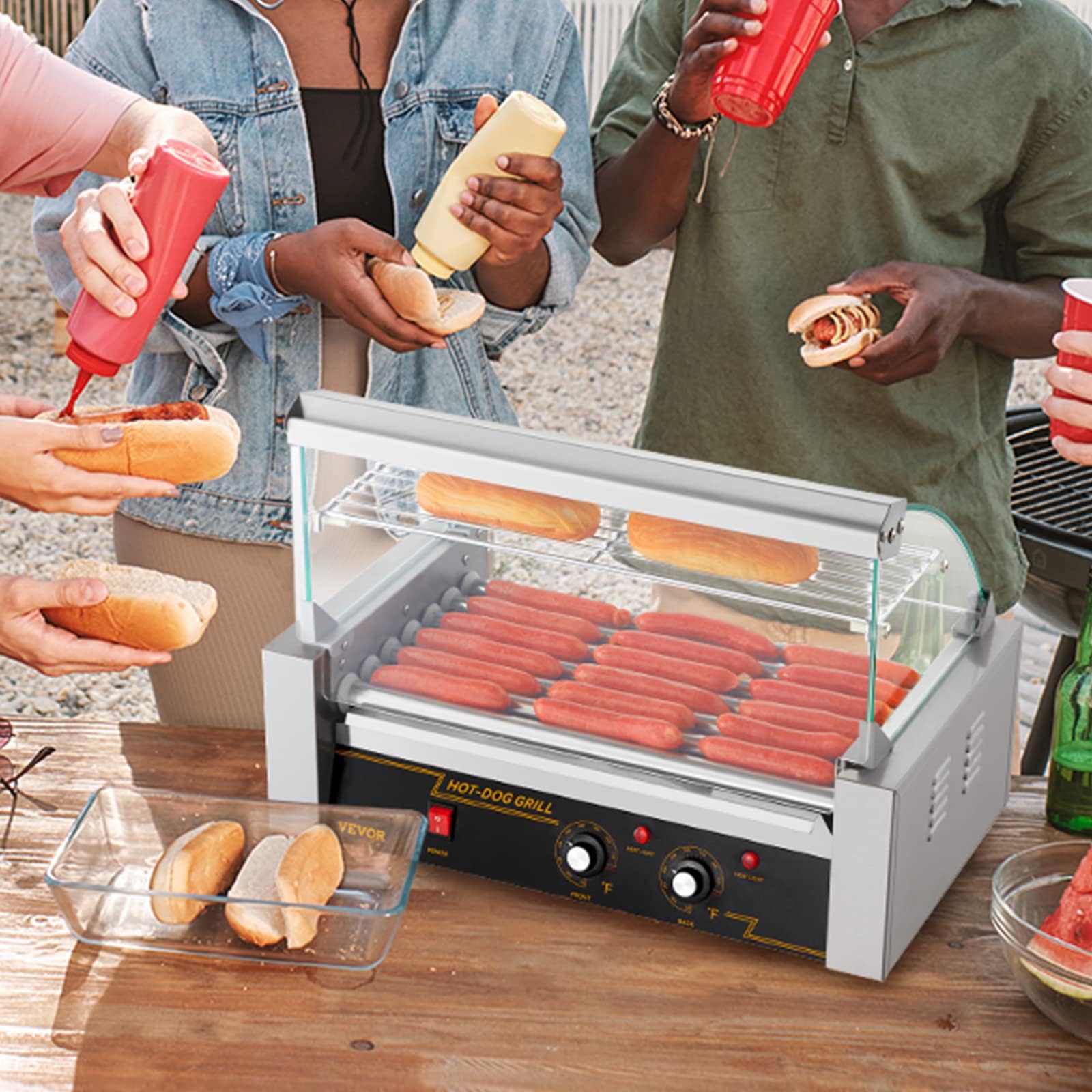 VEVOR 18 Hot Dog Roller Machine - 1050W Commercial Stainless Steel Sausage Grill with 7 Rollers, Dual Temperature Control, LED Light & Detachable Drip Tray - Perfect for Restaurants, Food Trucks, Canteens and Home Kitchen Use