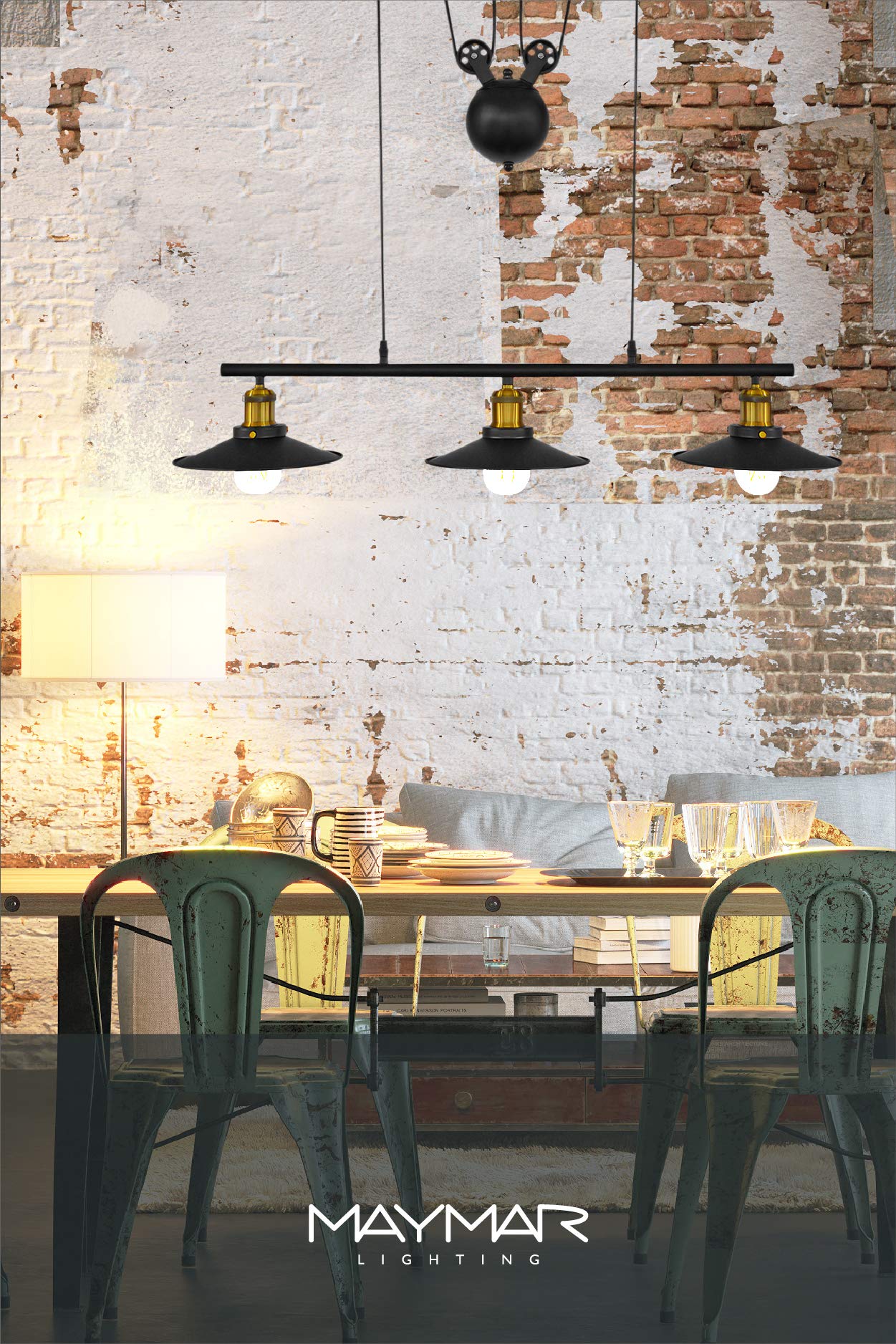 GREENLIGHTDEPOT Industrial Rustic Island Pendant Light - 3-Light Iron Suspension Lighting for Kitchen, Dining Room & Farmhouse Decor