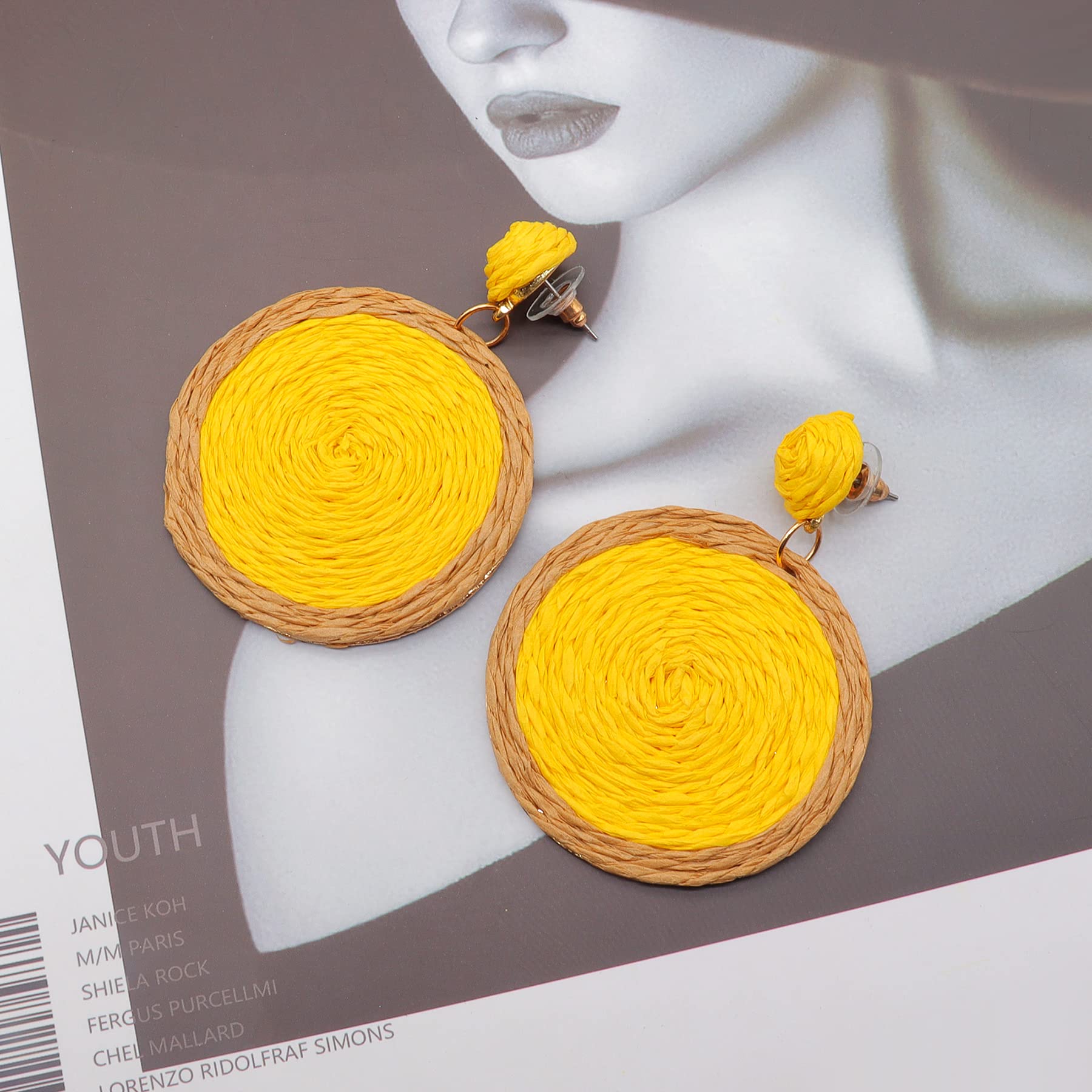Boho Handmade Straw Drop Earrings - Statement Round Raffia Earrings for Women, Big Disc Rattan Braided Wicker Dangle Earrings | Vintage Beach Jewelry for Summer, Vacation & Festival Outfits