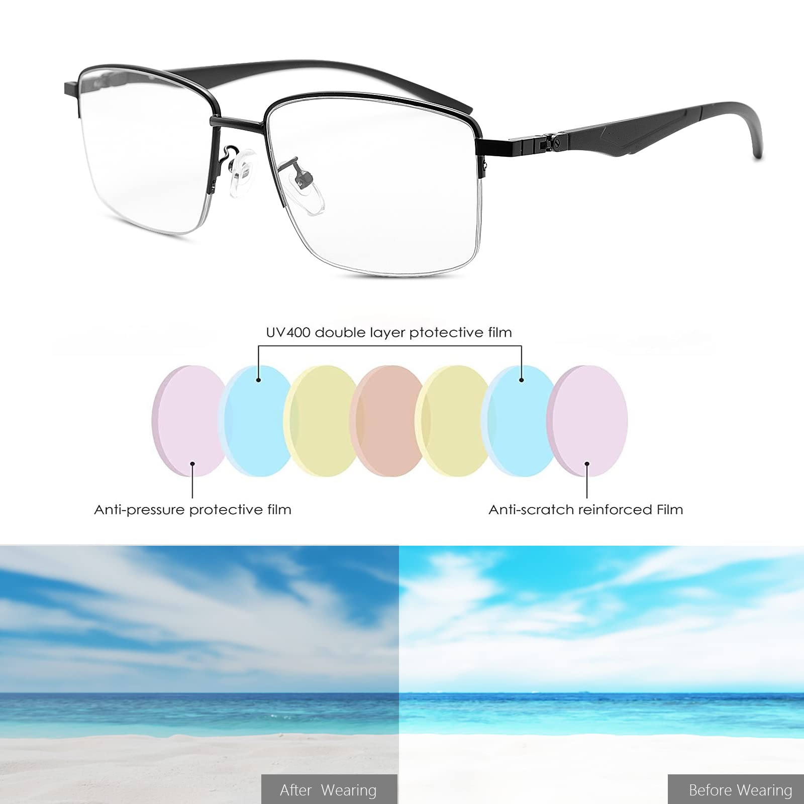 Photochromic Progressive Multifocal Computer Reading Glasses with Spring Hinges - Transition Lenses UV400 Protection - Blue Light Blocking for Digital Screens - Perfect for Office Work, Reading & Outdoor Activities